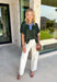 Bring a fresh pop of color to your fall wardrobe with this effortlessly polished forest green top! The rich seasonal hue is beautifully accented by light blue trim along the front, creating a timeless look with just the right amount of contrast. Soft elastic sleeves add a feminine touch while offering all-day comfort, and the stretchy knit fabric makes this an easy piece to wear from morning meetings to weekend outings. It's a versatile staple you'll reach for again and again throughout the season.