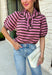 Sweet, polished, and full of charming details, this short sleeve sweater is the perfect way to elevate your fall wardrobe. Featuring pink and brown stripes, this cozy knit combines timeless color with feminine touches you'll love. The self-tie collar adds a playful finish, while the delicate scallop trim and puff sleeves create an effortlessly polished look. Whether you're headed to the office, brunch with friends, or a weekend coffee date, this sweater is an easy favorite you'll reach for all season long.