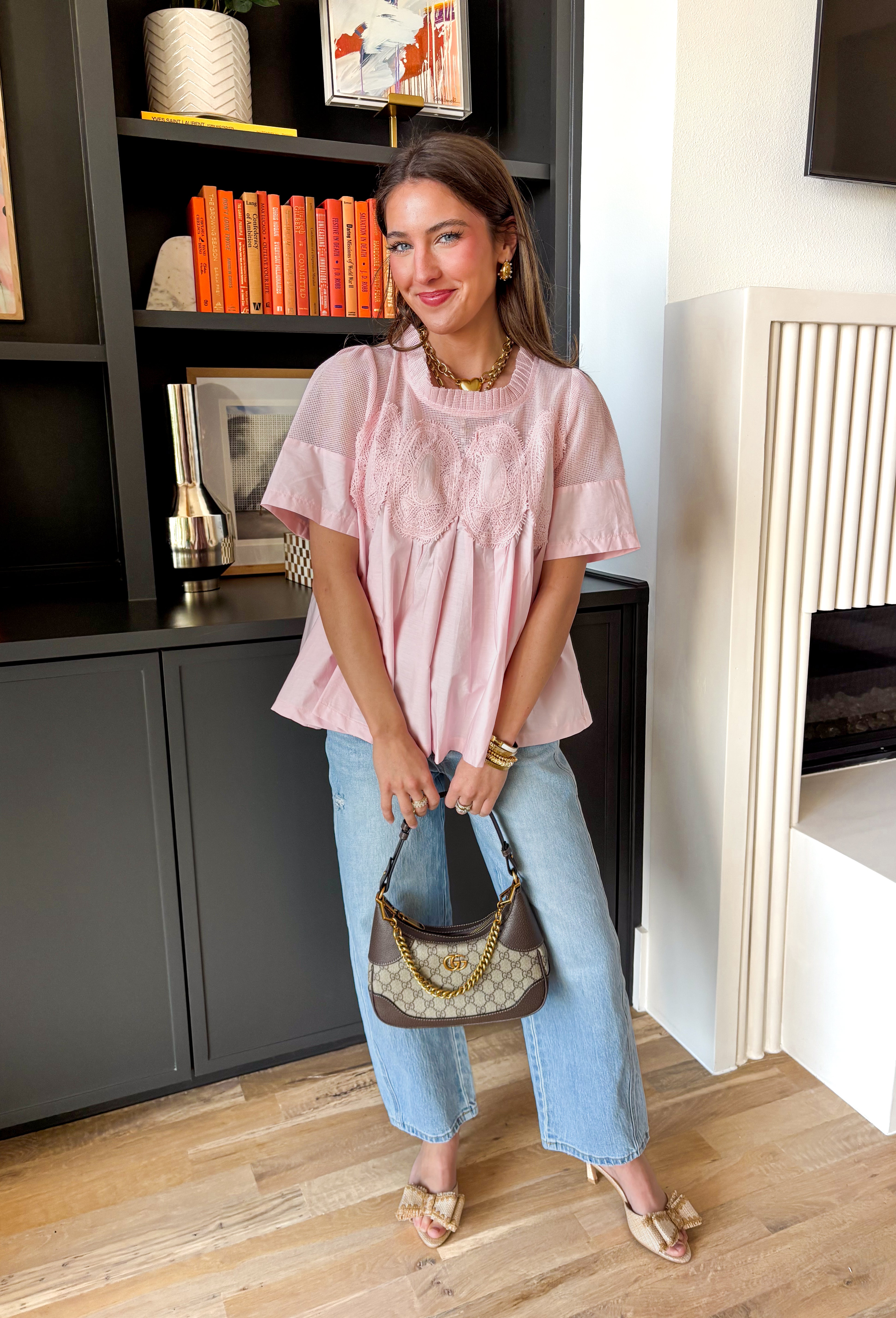 A little texture goes a long way! This short sleeve baby pink top by Fate combines soft cotton with airy mesh and delicate appliqué details for a unique, elevated twist on a classic top. Lightweight, breathable, and endlessly versatile, it’s the perfect piece to dress up or down, making it a year-round favorite for everything from coffee runs to casual dinners.