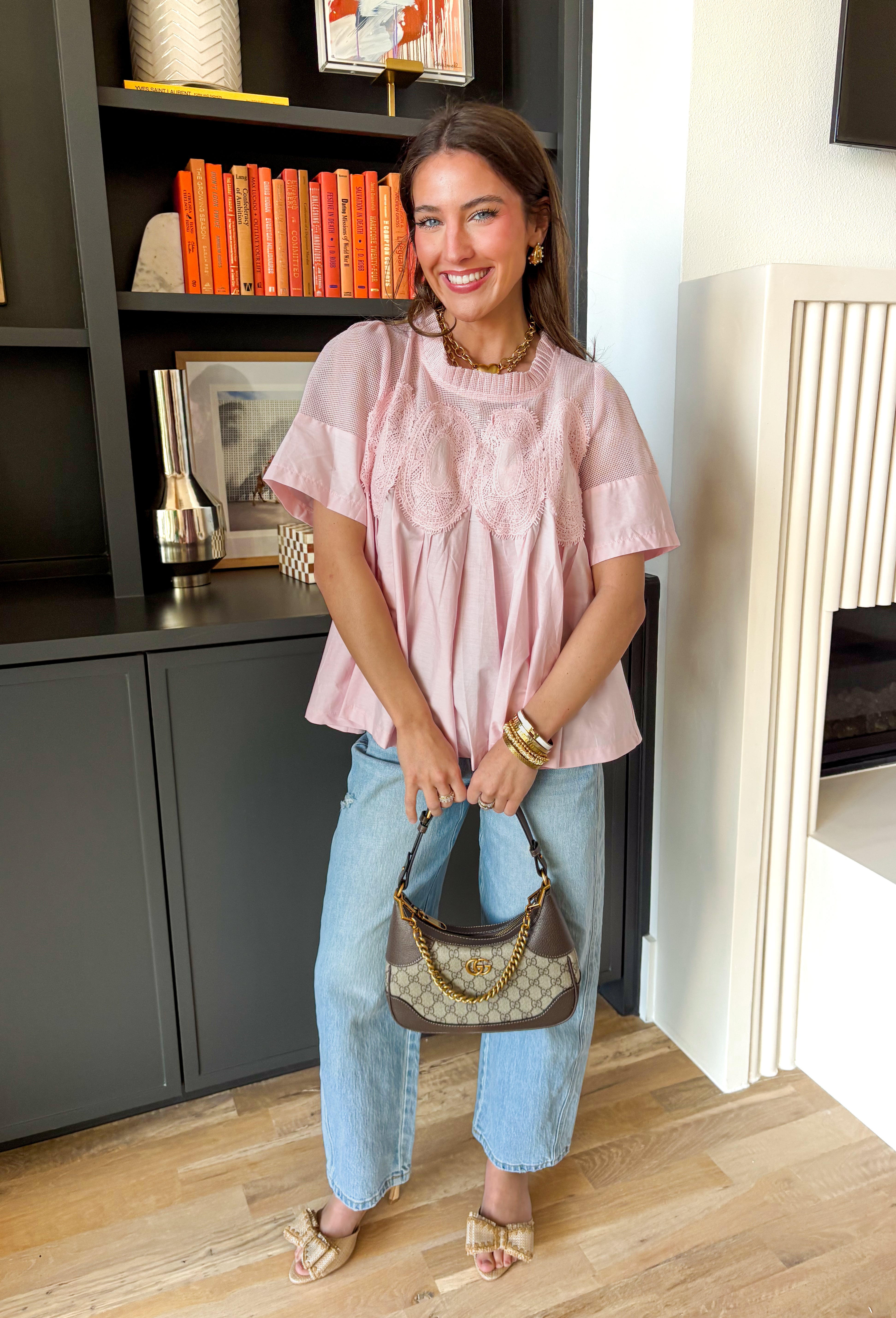 A little texture goes a long way! This short sleeve baby pink top by Fate combines soft cotton with airy mesh and delicate appliqué details for a unique, elevated twist on a classic top. Lightweight, breathable, and endlessly versatile, it’s the perfect piece to dress up or down, making it a year-round favorite for everything from coffee runs to casual dinners.