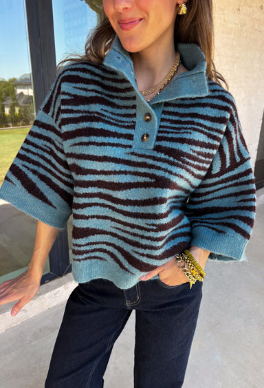 A dusty blue background gives this cozy knit sweater from Entro a fresh pop of color for the season. The darker abstract animal print creates a bold contrast against the dusty blue shade, adding plenty of personality without being difficult to style. A stand neckline and partial button-front closure bring a classic touch to the relaxed knit silhouette, while the ¾ sleeves make it a great option for transitional weather. 