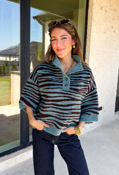 A dusty blue background gives this cozy knit sweater from Entro a fresh pop of color for the season. The darker abstract animal print creates a bold contrast against the dusty blue shade, adding plenty of personality without being difficult to style. A stand neckline and partial button-front closure bring a classic touch to the relaxed knit silhouette, while the ¾ sleeves make it a great option for transitional weather. 
