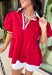 This red babydoll top is the perfect blend of playful and polished for the fall season! The rich red color makes a statement, while the crisp white contrast trim along the collar, front, and sleeves adds a classic touch that never goes out of style. Puff sleeves and the relaxed babydoll silhouette create an easy, flattering fit you'll love for busy days and weekend plans alike. Made from breathable cotton, it's comfortable enough for all-day wear and easy to layer under a denim jacket.