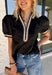 Elevate your everyday wardrobe with this effortlessly polished top from Entro. Designed in a classic black hue, this versatile blouse features beautiful tan and cream contrast binding along the flattering v-neckline for a sophisticated touch. The nonfunctional button detail at the front adds timeless charm, while the short puff sleeves with contrast cuffs create a feminine silhouette. Easy to dress up or down, this top is perfect for workdays, dinner dates, and everything in between.