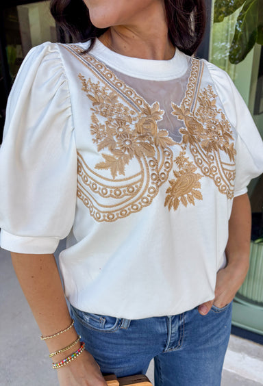 This white short sleeve top is a beautiful blend of soft texture and thoughtful detail, perfect for easy spring styling. The puff sleeves add a touch of volume and femininity, while the tan embroidery along the front creates a warm, eye-catching contrast. Delicate mesh detailing on the front adds dimension and an elevated finish, making this top feel extra special without being fussy. Lightweight and breathable, it’s an effortless piece you can dress up or keep casual all season long.