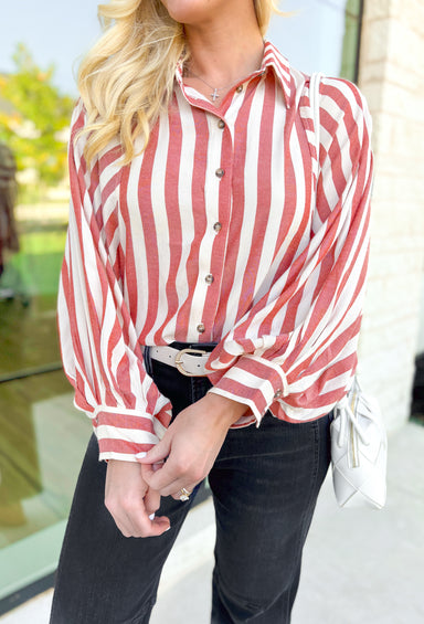 Easy Does It Button Up Top, cream and washed brick red button up top with blousy sleeves 