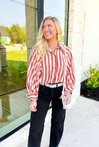 Easy Does It Button Up Top, cream and washed brick red button up top with blousy sleeves 