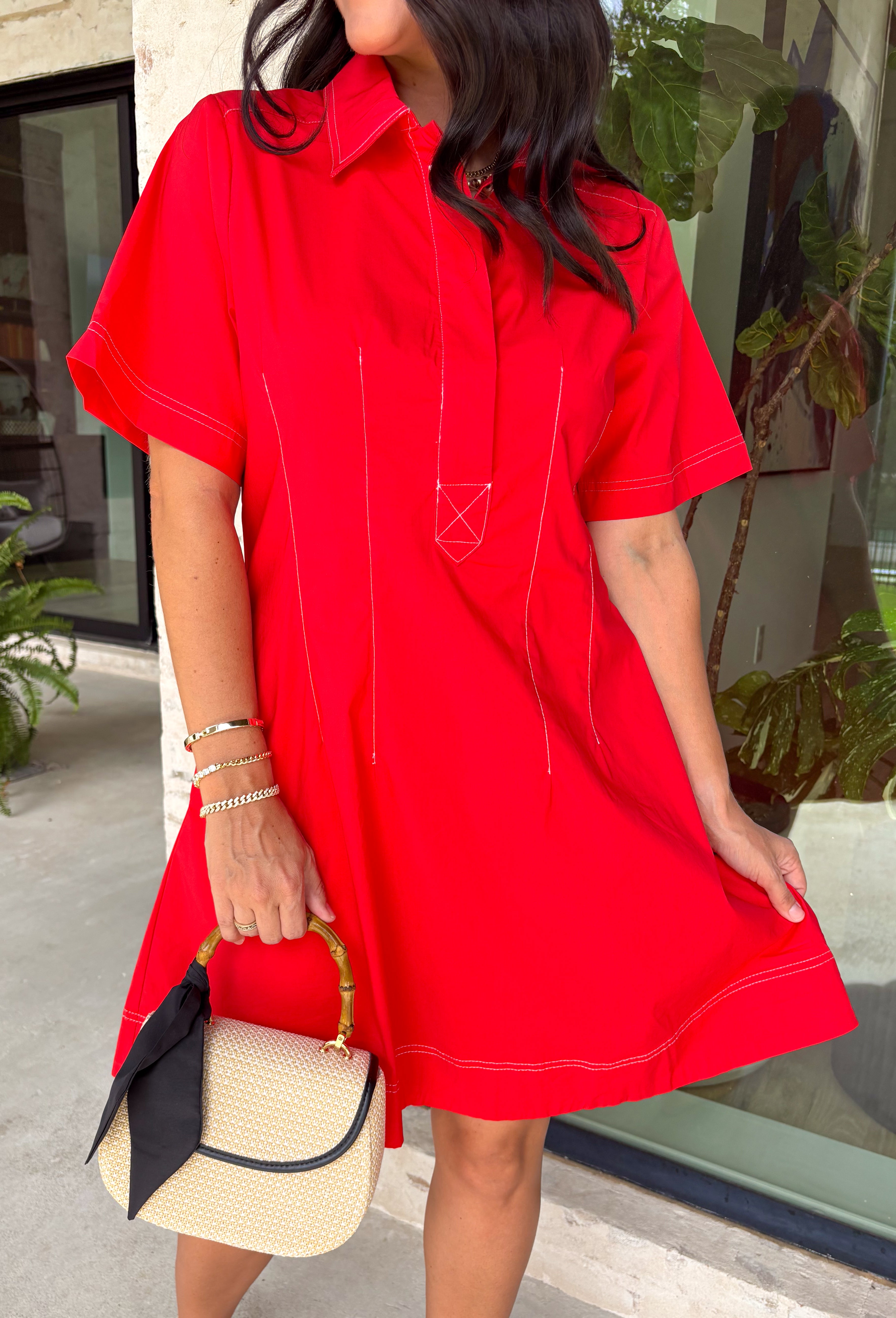 This red dress is the perfect blend of classic and effortless for summer! The vibrant red color makes a statement while still being easy to wear, and the stitch detailing along the front placket adds a subtle touch of texture and charm. Designed with a hidden button front, it has a clean, polished look that feels timeless and versatile. Fully lined with side pockets (always a win), it’s comfortable enough for everyday wear while still looking put together. 