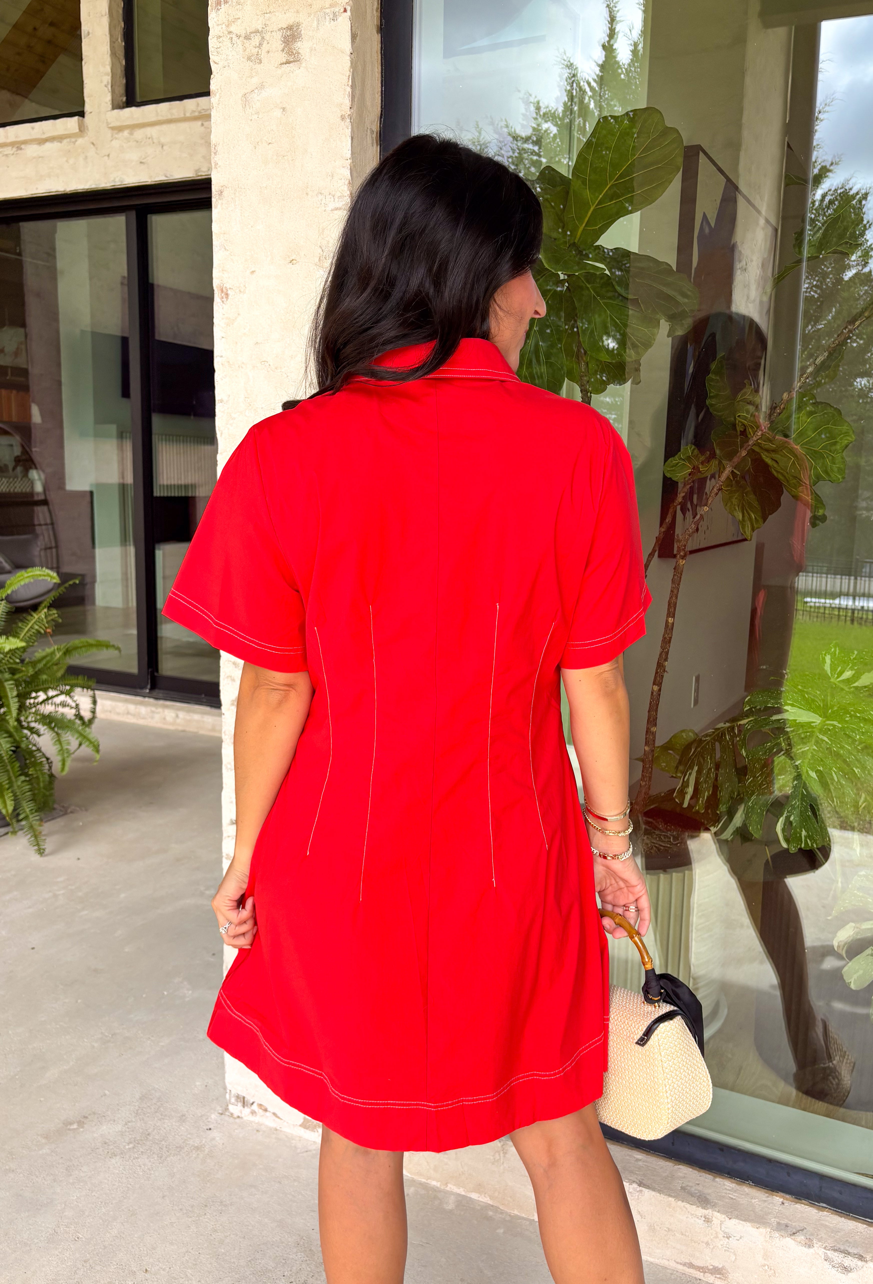 This red dress is the perfect blend of classic and effortless for summer! The vibrant red color makes a statement while still being easy to wear, and the stitch detailing along the front placket adds a subtle touch of texture and charm. Designed with a hidden button front, it has a clean, polished look that feels timeless and versatile. Fully lined with side pockets (always a win), it’s comfortable enough for everyday wear while still looking put together. 