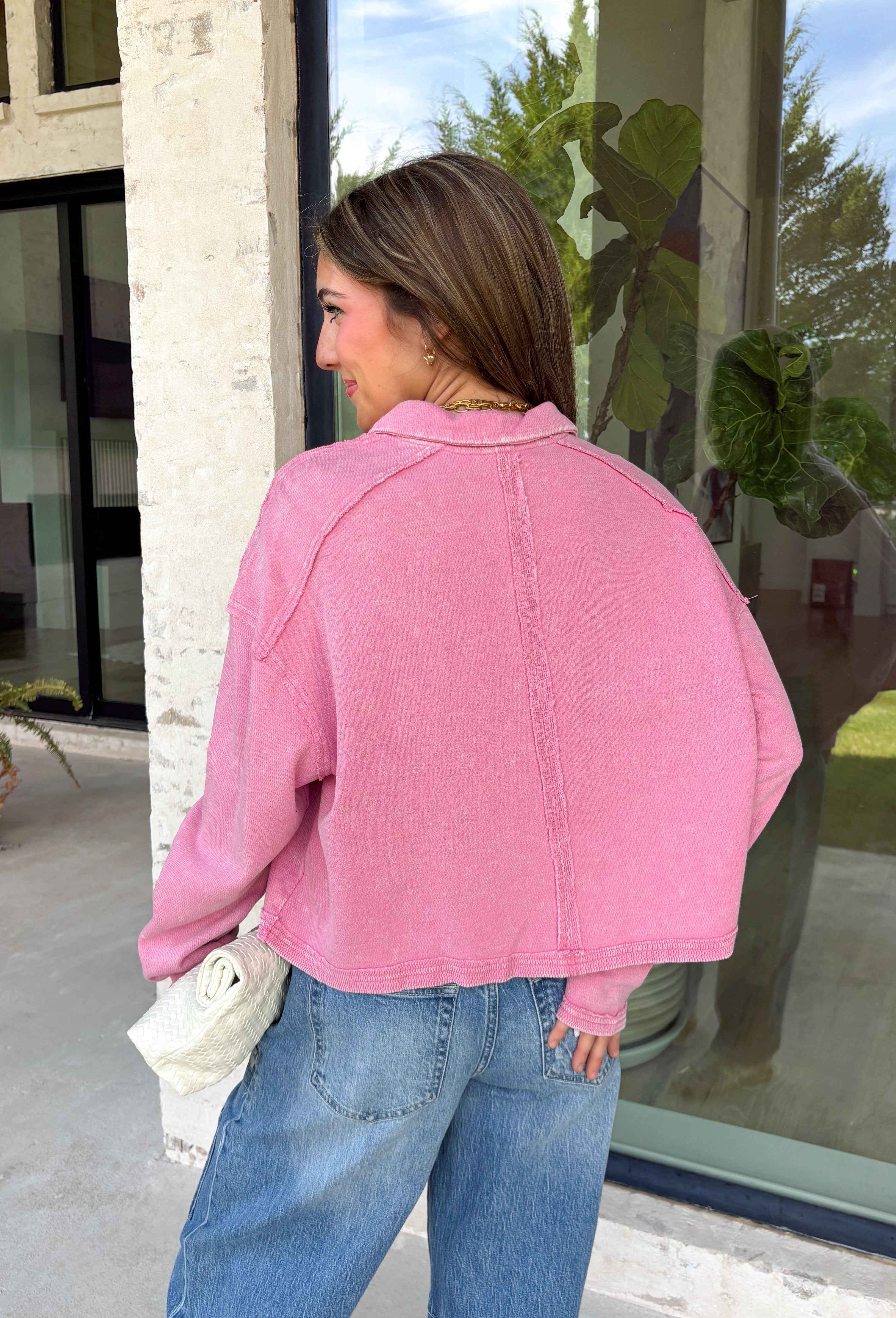 Elevate your everyday wardrobe with this effortlessly stylish top from Double Zero. Designed in a pink hue, this versatile piece features a classic collared neckline that adds a polished touch to its relaxed silhouette. Exposed seam detailing gives it a modern, lived-in look, while the soft 100% cotton fabric keeps it comfortable enough for all-day wear. Whether you're headed to work, running errands, or meeting friends for coffee, this timeless top is an easy favorite for the season.