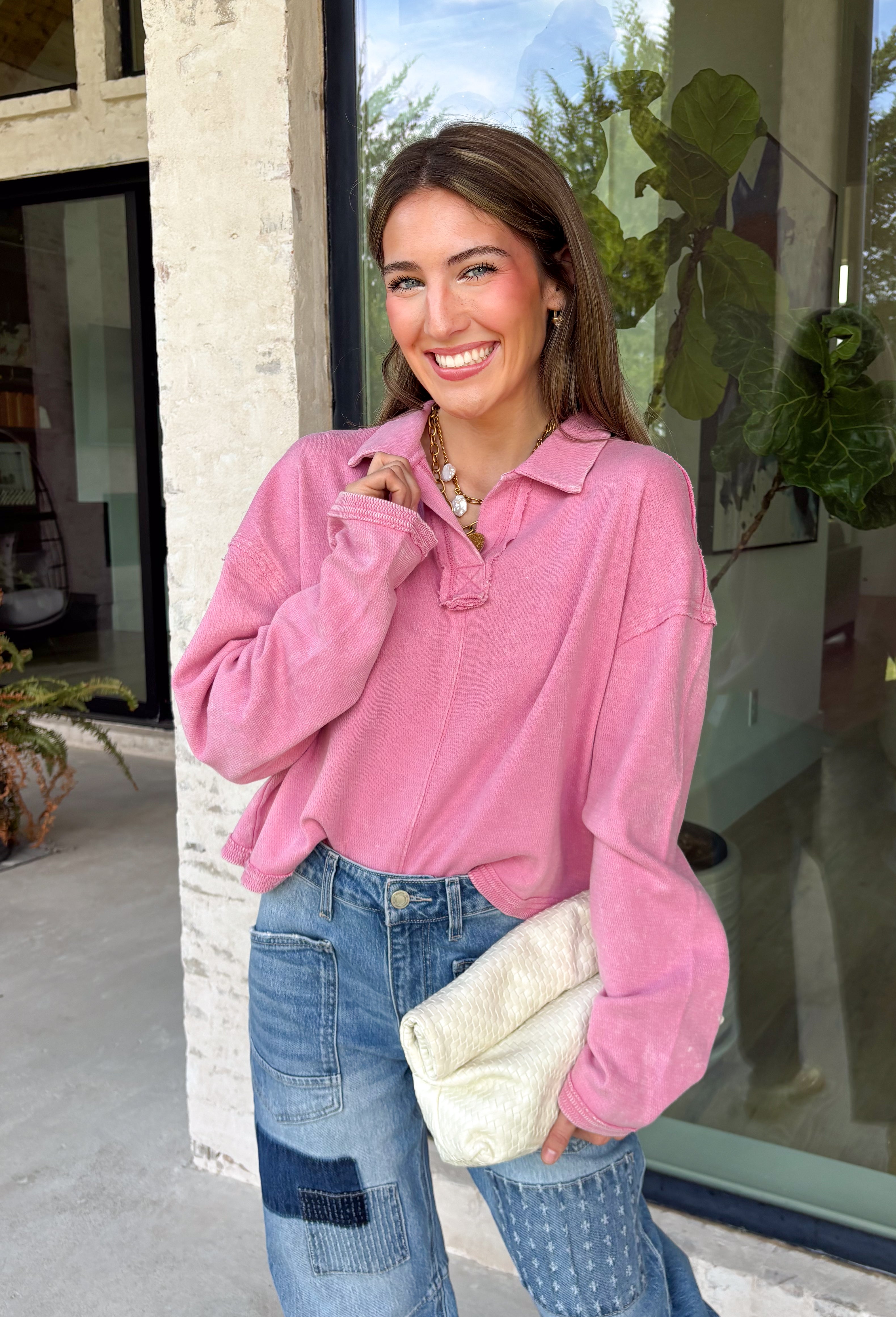 Elevate your everyday wardrobe with this effortlessly stylish top from Double Zero. Designed in a pink hue, this versatile piece features a classic collared neckline that adds a polished touch to its relaxed silhouette. Exposed seam detailing gives it a modern, lived-in look, while the soft 100% cotton fabric keeps it comfortable enough for all-day wear. Whether you're headed to work, running errands, or meeting friends for coffee, this timeless top is an easy favorite for the season.