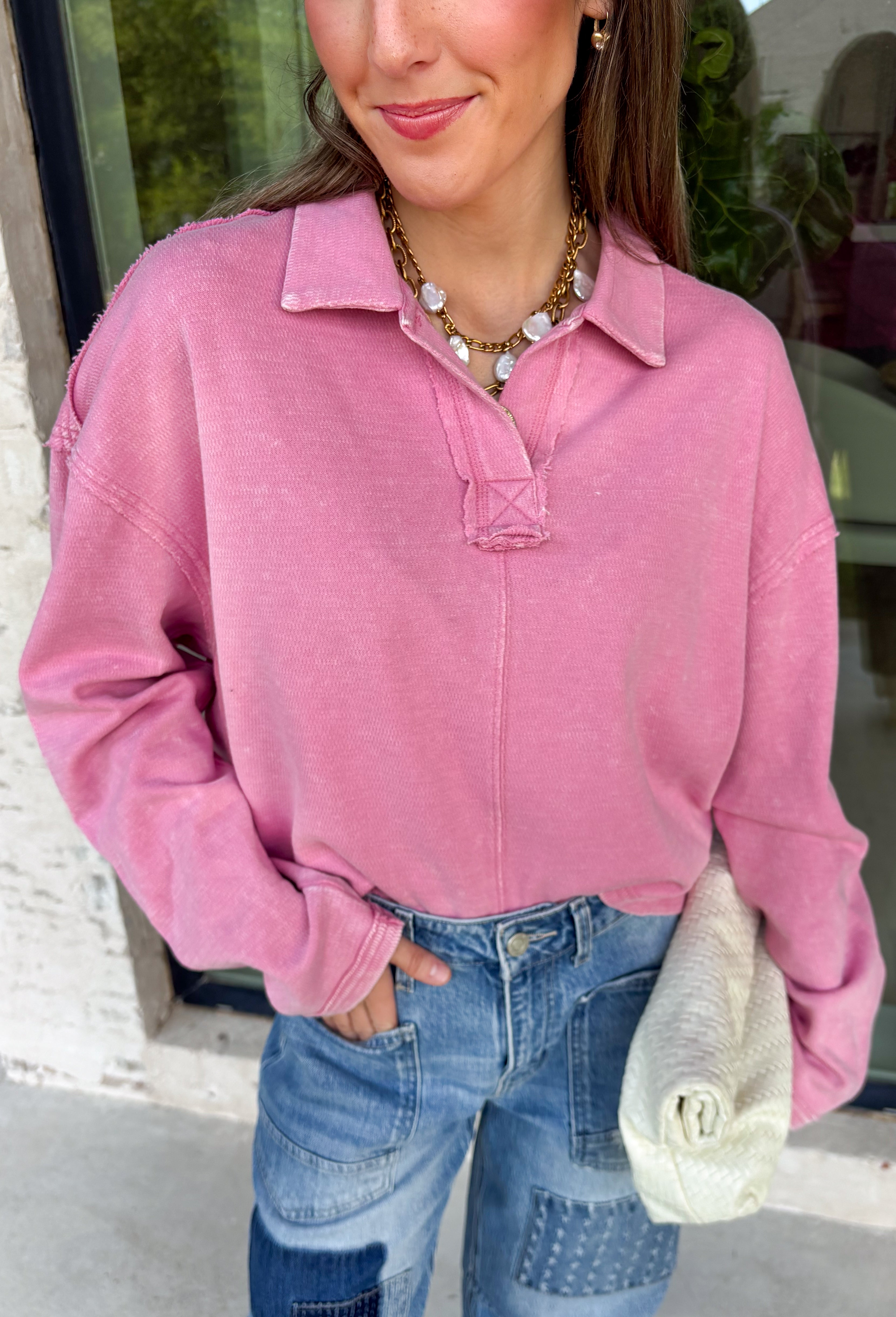 Elevate your everyday wardrobe with this effortlessly stylish top from Double Zero. Designed in a pink hue, this versatile piece features a classic collared neckline that adds a polished touch to its relaxed silhouette. Exposed seam detailing gives it a modern, lived-in look, while the soft 100% cotton fabric keeps it comfortable enough for all-day wear. Whether you're headed to work, running errands, or meeting friends for coffee, this timeless top is an easy favorite for the season.