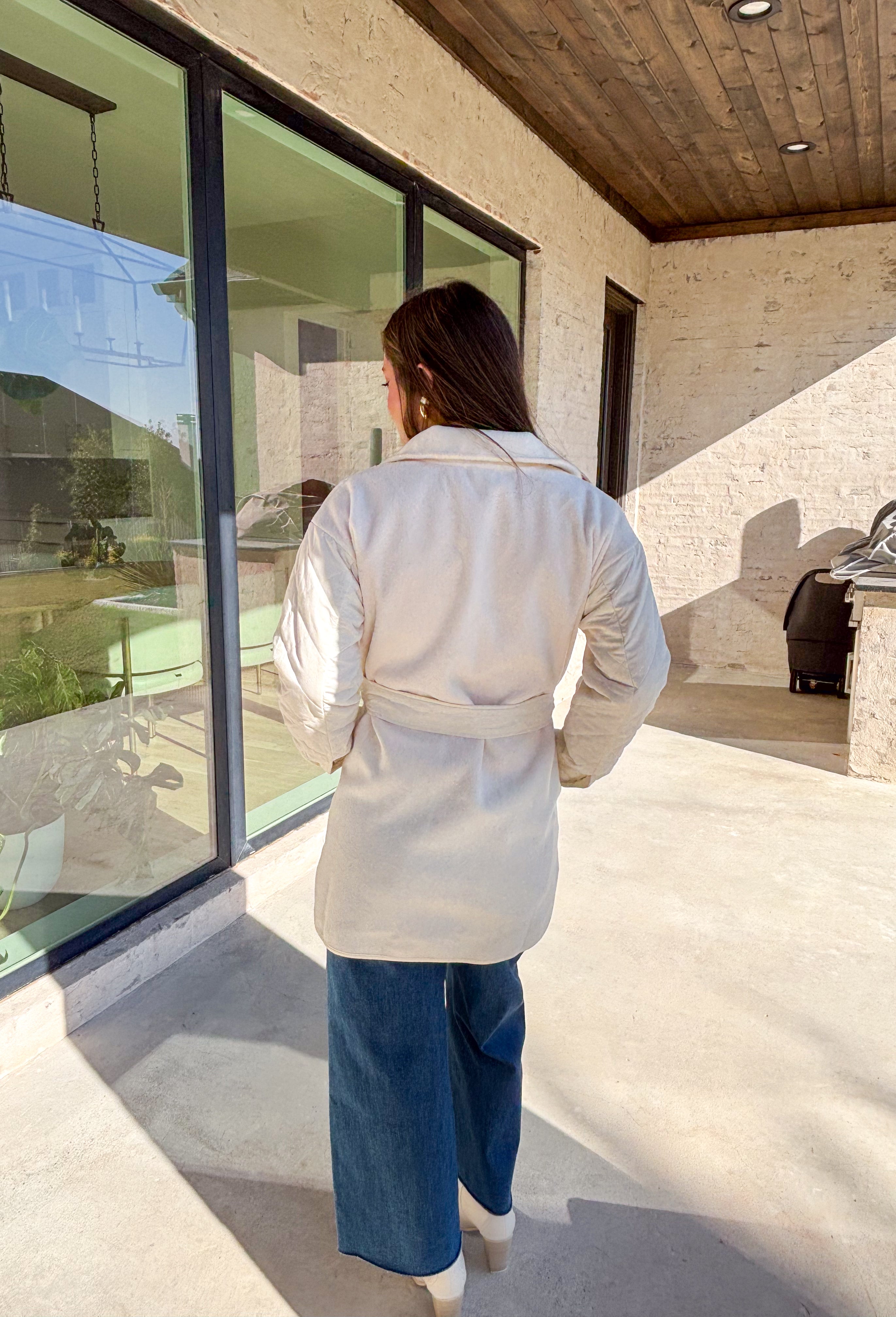 Bundle up in comfort with this off-white jacket by Mystree, the perfect balance of cozy and chic. The quilted front and sleeves bring texture and warmth, while the back is crafted from soft microfleece for that extra snug feel. Designed with both style and function in mind, it features a button-down front, self-tie waist for a flattering fit, and plenty of pockets—including two microfleece-lined front pockets and hidden side pockets. Lightweight yet warm, this jacket is your go-to layer for chilly winter da