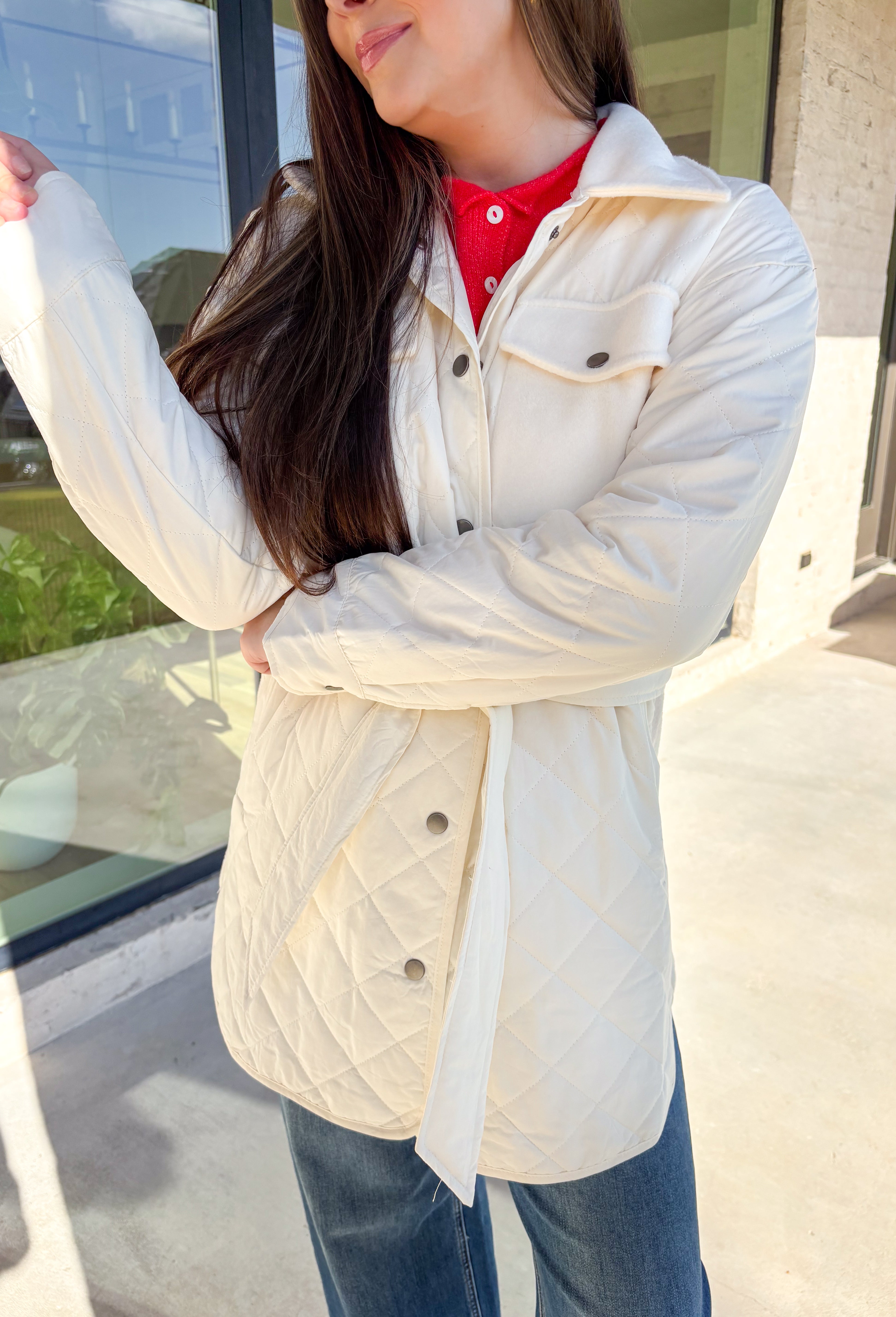 Bundle up in comfort with this off-white jacket by Mystree, the perfect balance of cozy and chic. The quilted front and sleeves bring texture and warmth, while the back is crafted from soft microfleece for that extra snug feel. Designed with both style and function in mind, it features a button-down front, self-tie waist for a flattering fit, and plenty of pockets—including two microfleece-lined front pockets and hidden side pockets. Lightweight yet warm, this jacket is your go-to layer for chilly winter da