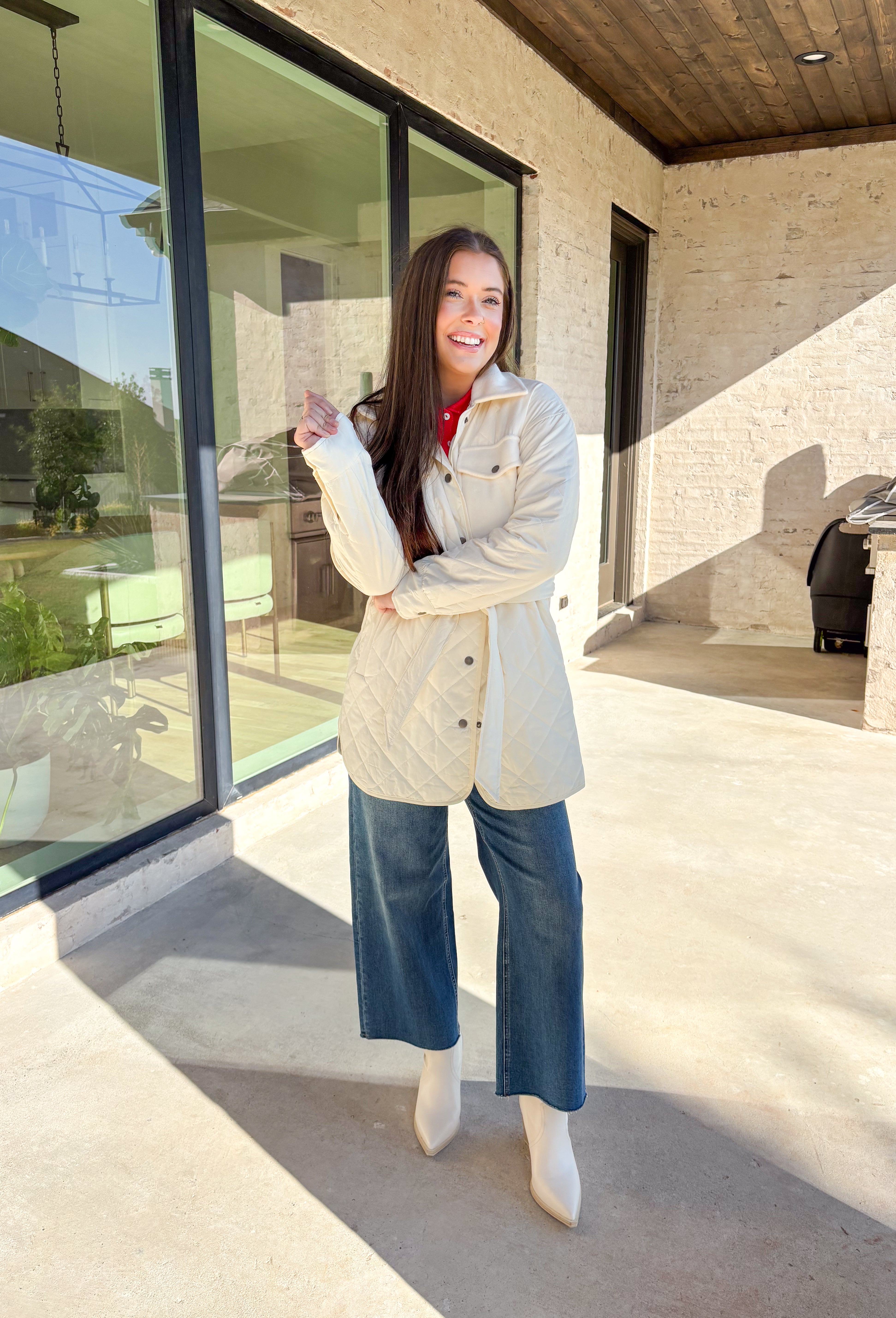 Bundle up in comfort with this off-white jacket by Mystree, the perfect balance of cozy and chic. The quilted front and sleeves bring texture and warmth, while the back is crafted from soft microfleece for that extra snug feel. Designed with both style and function in mind, it features a button-down front, self-tie waist for a flattering fit, and plenty of pockets—including two microfleece-lined front pockets and hidden side pockets. Lightweight yet warm, this jacket is your go-to layer for chilly winter da