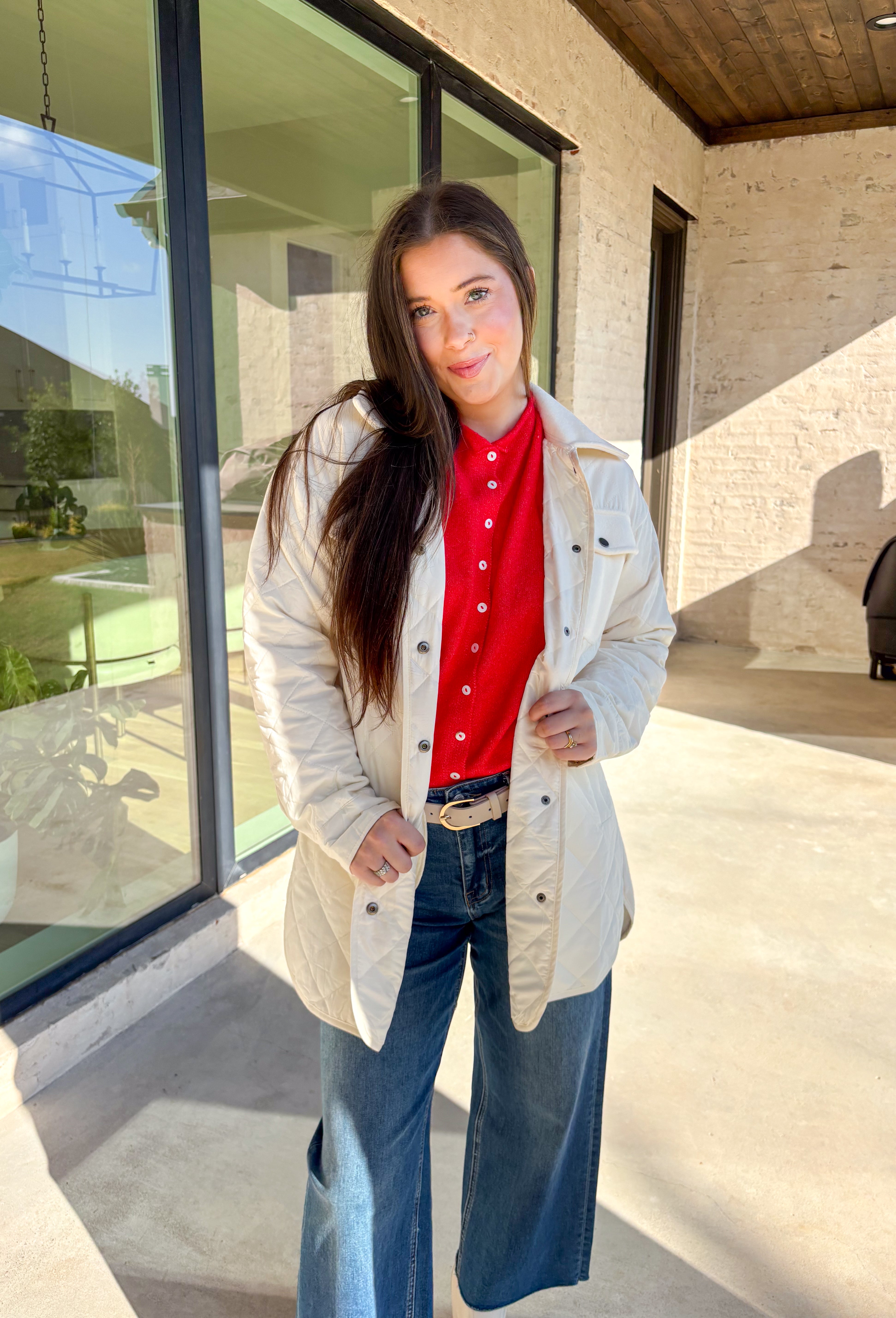 Bundle up in comfort with this off-white jacket by Mystree, the perfect balance of cozy and chic. The quilted front and sleeves bring texture and warmth, while the back is crafted from soft microfleece for that extra snug feel. Designed with both style and function in mind, it features a button-down front, self-tie waist for a flattering fit, and plenty of pockets—including two microfleece-lined front pockets and hidden side pockets. Lightweight yet warm, this jacket is your go-to layer for chilly winter da