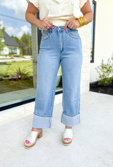 Gabby Super High-Rise Baggy Straight Denim by Vervet, no distressing, large rolled cuff 