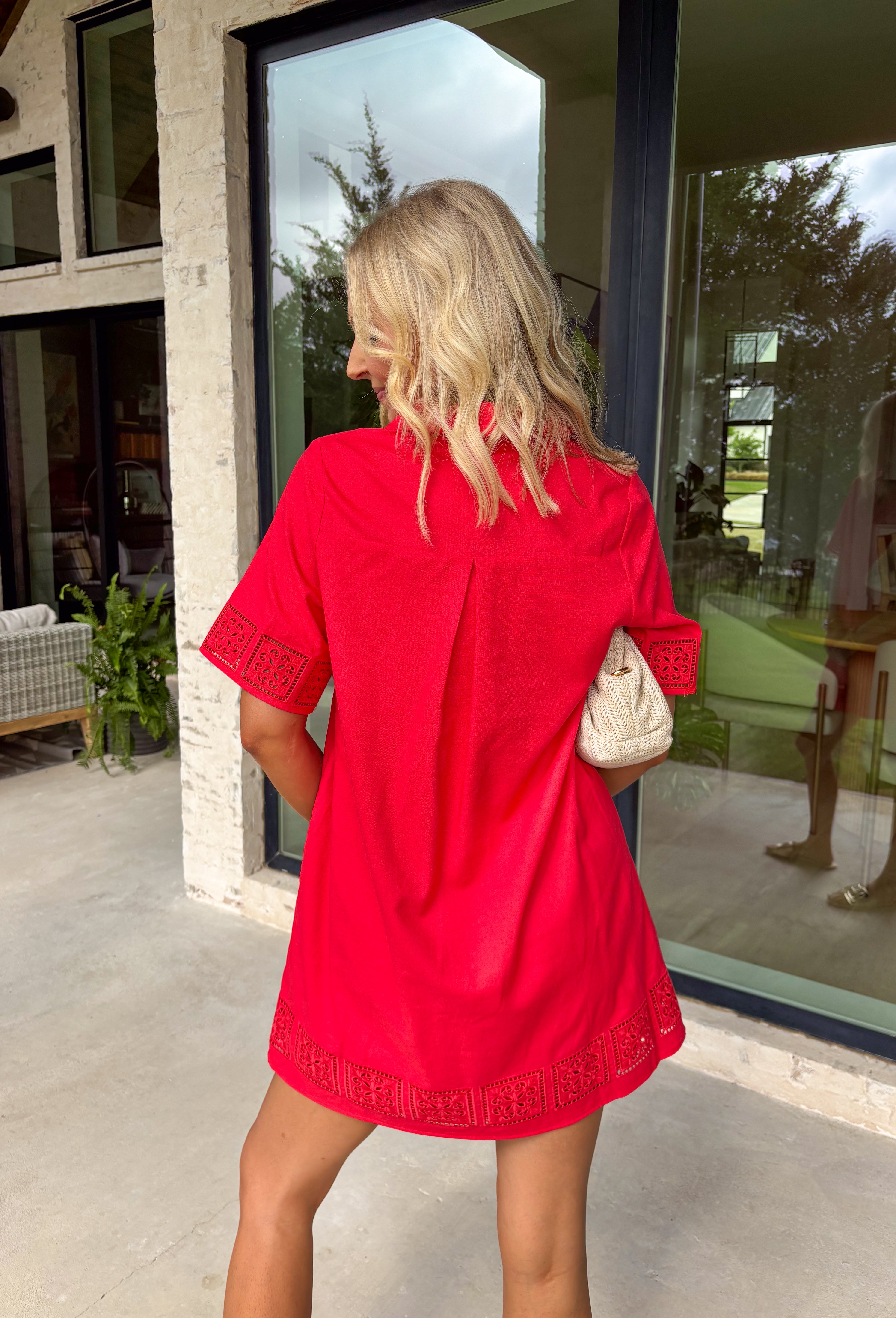 This red short sleeve dress by Entro is such a bright, happy pick for spring and beyond! The eyelet cutwork trim adds the prettiest detail and gives it that light, airy feel we love for warmer days. With a button-front design, it’s easy to wear and has that timeless, effortless vibe—perfect for everything from brunch dates to vacation plans. It’s fully lined for comfortable coverage and finished with side pockets (because yes, you can be cute and practical at the same time).