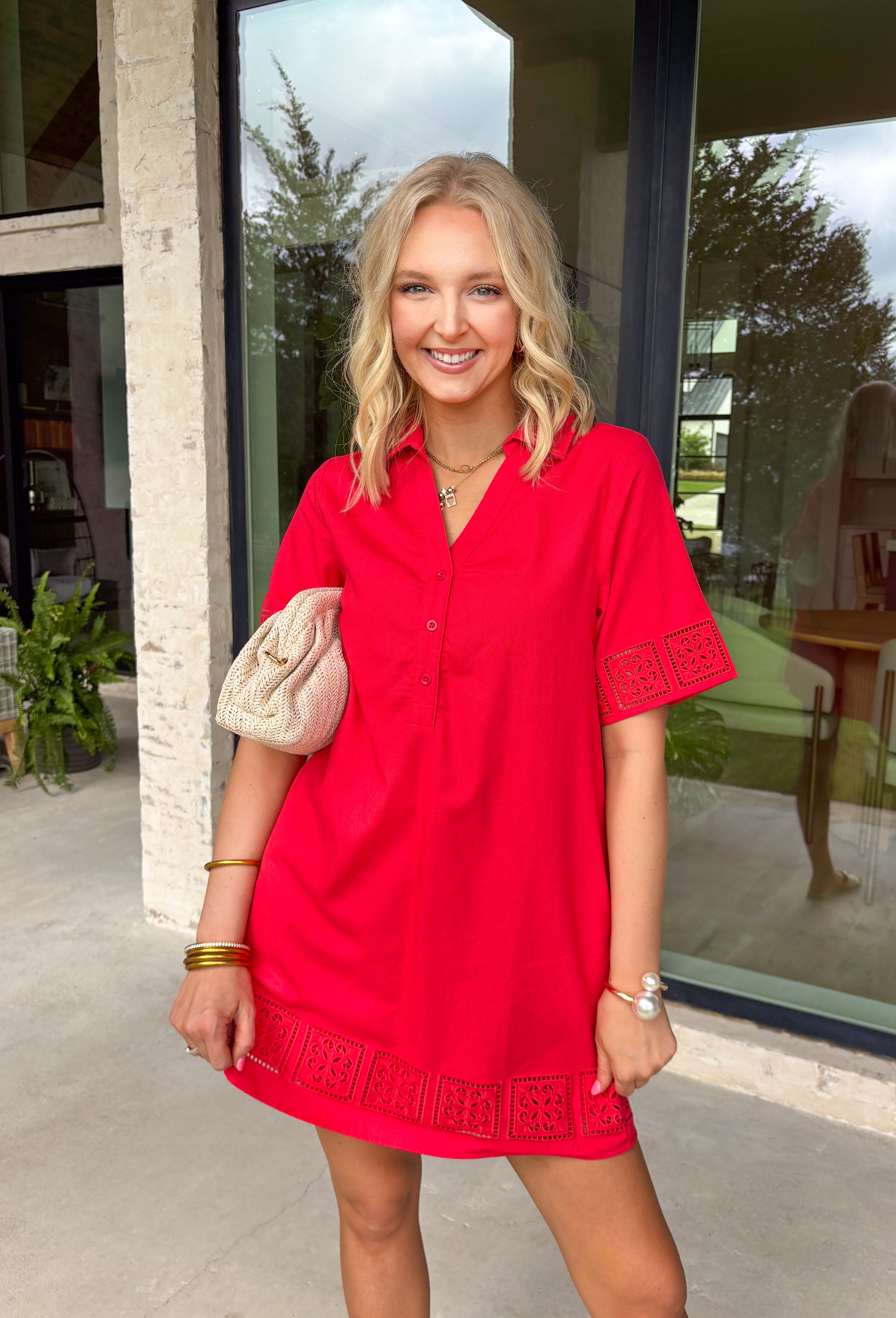 This red short sleeve dress by Entro is such a bright, happy pick for spring and beyond! The eyelet cutwork trim adds the prettiest detail and gives it that light, airy feel we love for warmer days. With a button-front design, it’s easy to wear and has that timeless, effortless vibe—perfect for everything from brunch dates to vacation plans. It’s fully lined for comfortable coverage and finished with side pockets (because yes, you can be cute and practical at the same time).