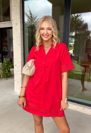 This red short sleeve dress by Entro is such a bright, happy pick for spring and beyond! The eyelet cutwork trim adds the prettiest detail and gives it that light, airy feel we love for warmer days. With a button-front design, it’s easy to wear and has that timeless, effortless vibe—perfect for everything from brunch dates to vacation plans. It’s fully lined for comfortable coverage and finished with side pockets (because yes, you can be cute and practical at the same time).
