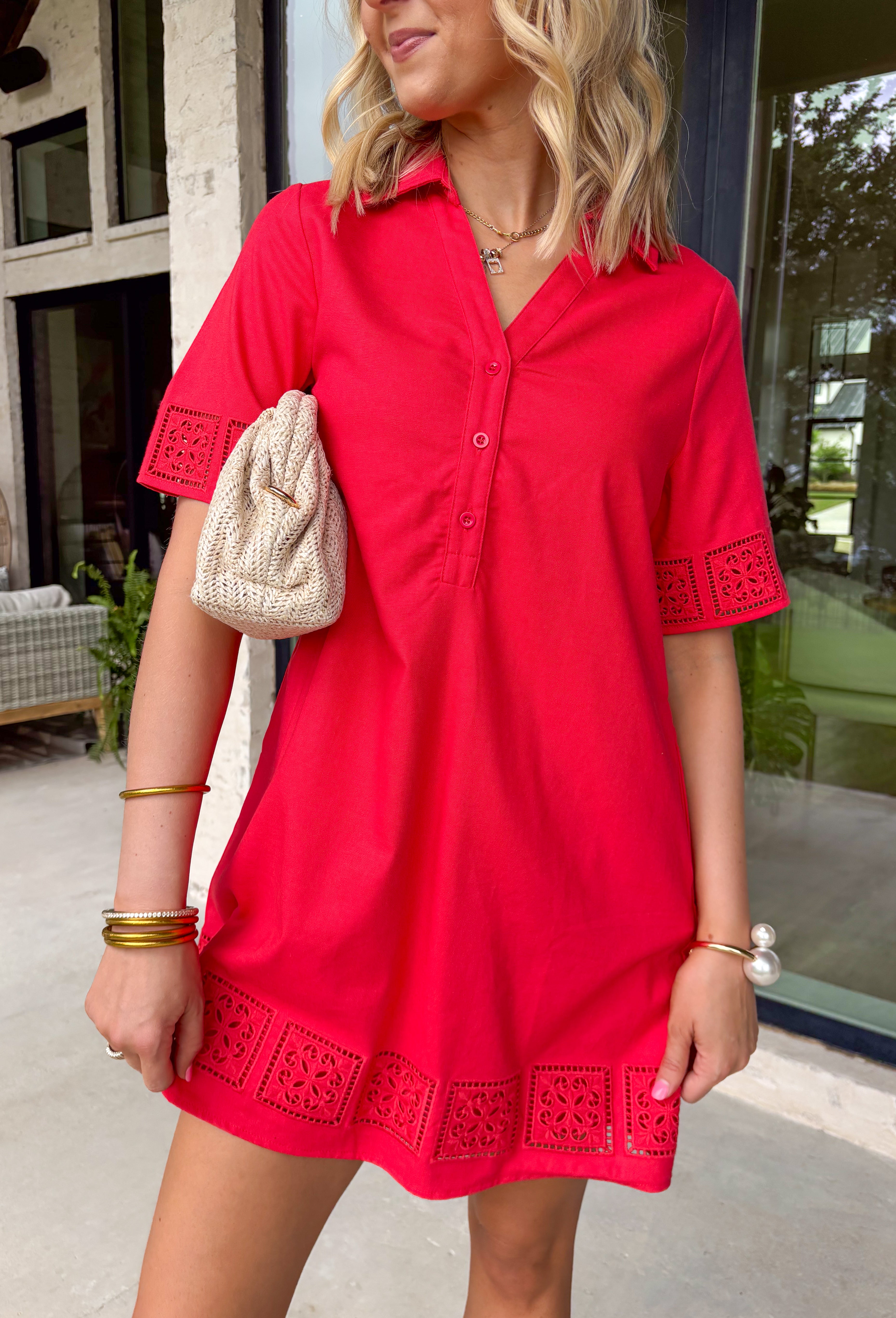 This red short sleeve dress by Entro is such a bright, happy pick for spring and beyond! The eyelet cutwork trim adds the prettiest detail and gives it that light, airy feel we love for warmer days. With a button-front design, it’s easy to wear and has that timeless, effortless vibe—perfect for everything from brunch dates to vacation plans. It’s fully lined for comfortable coverage and finished with side pockets (because yes, you can be cute and practical at the same time).