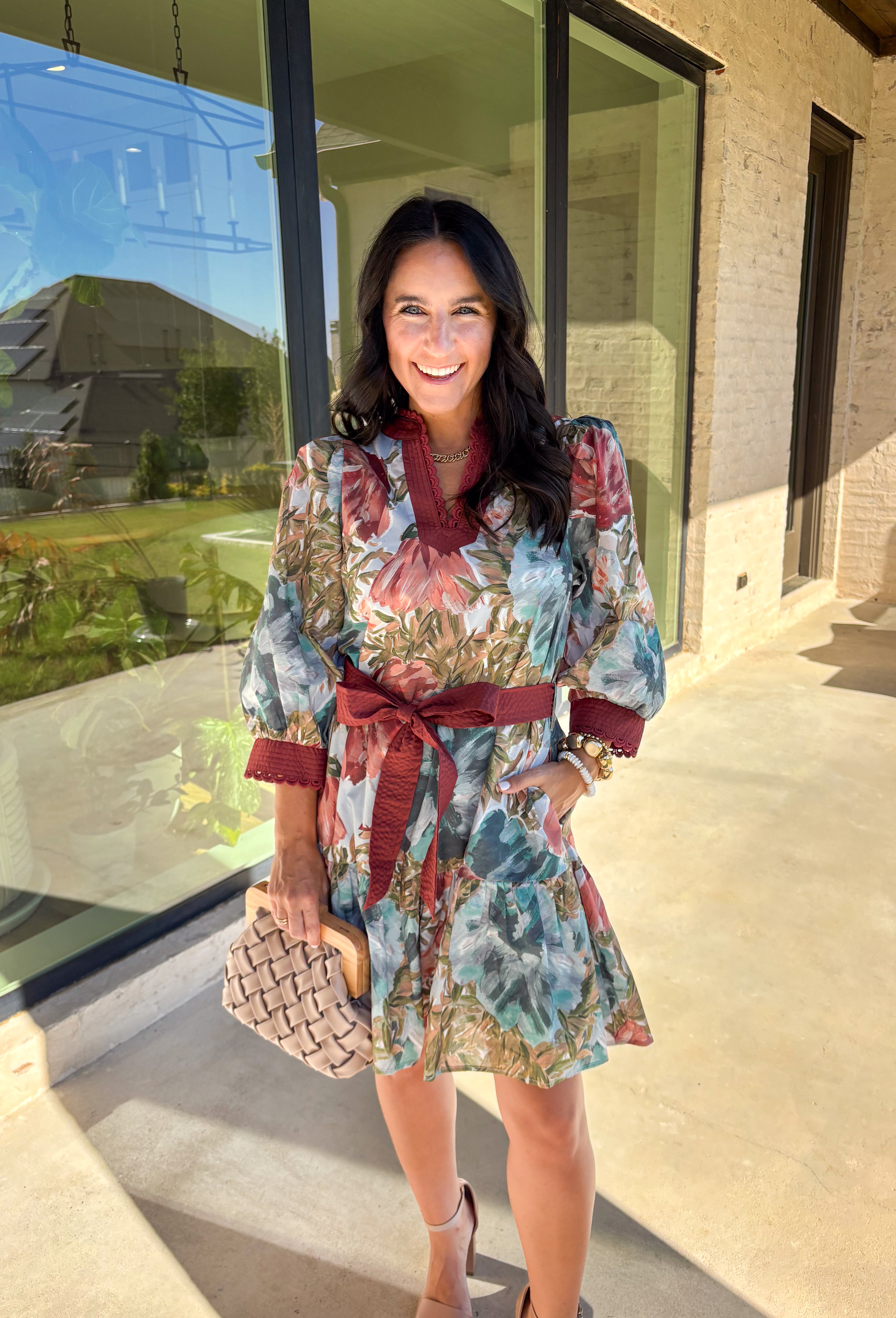 A mix of playful and polished, this dress brings autumn florals to life with a botanical print in rich seasonal shades. The scallop trim along the v-neckline adds a sweet detail, while the self-tie waist belt flatters your shape. Designed with ¾ sleeves, side pockets, and a ruffle hem, it balances comfort and charm. Fully lined for an easy fit, this is a dress you’ll love for everything from casual days to seasonal gatherings.