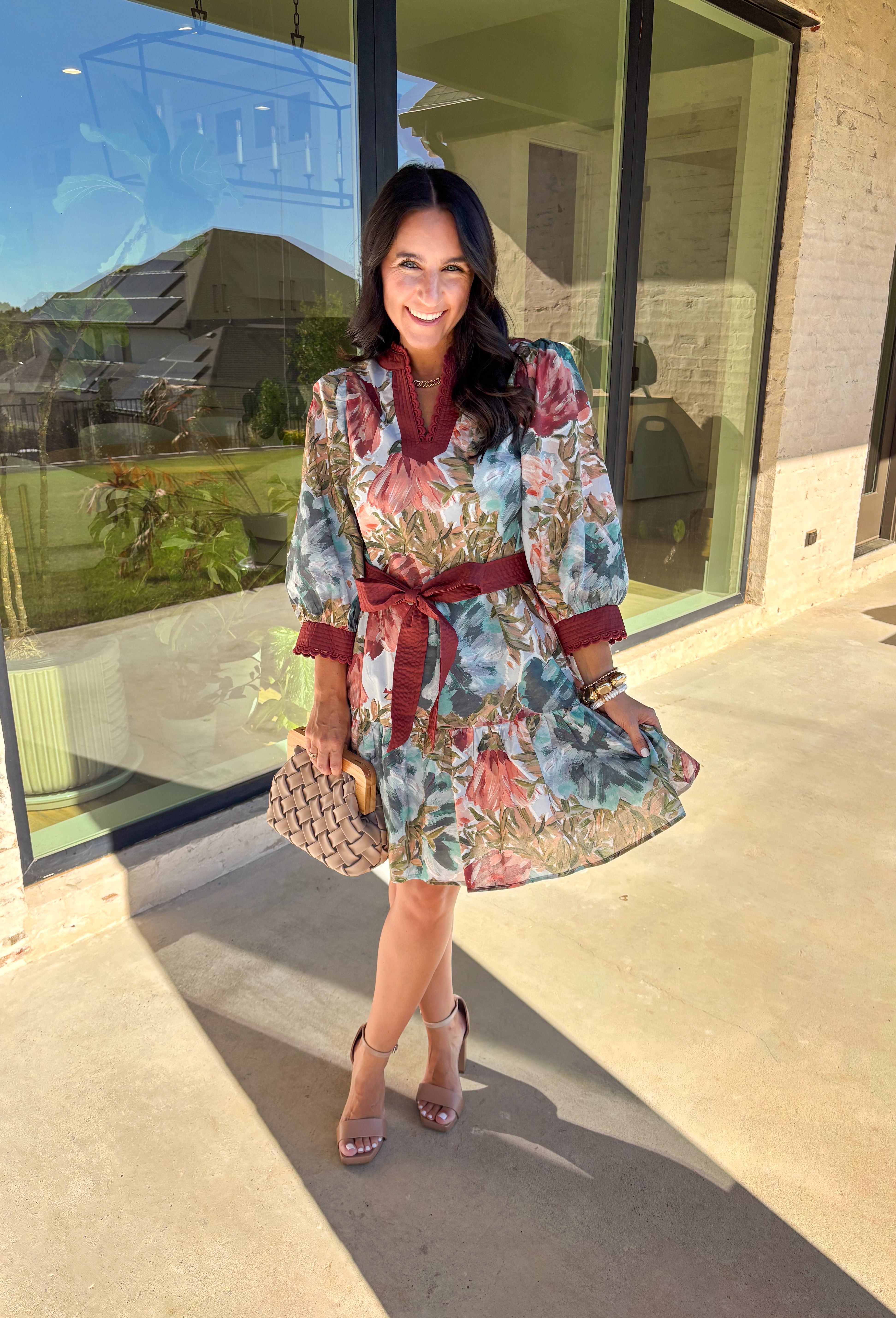 A mix of playful and polished, this dress brings autumn florals to life with a botanical print in rich seasonal shades. The scallop trim along the v-neckline adds a sweet detail, while the self-tie waist belt flatters your shape. Designed with ¾ sleeves, side pockets, and a ruffle hem, it balances comfort and charm. Fully lined for an easy fit, this is a dress you’ll love for everything from casual days to seasonal gatherings.