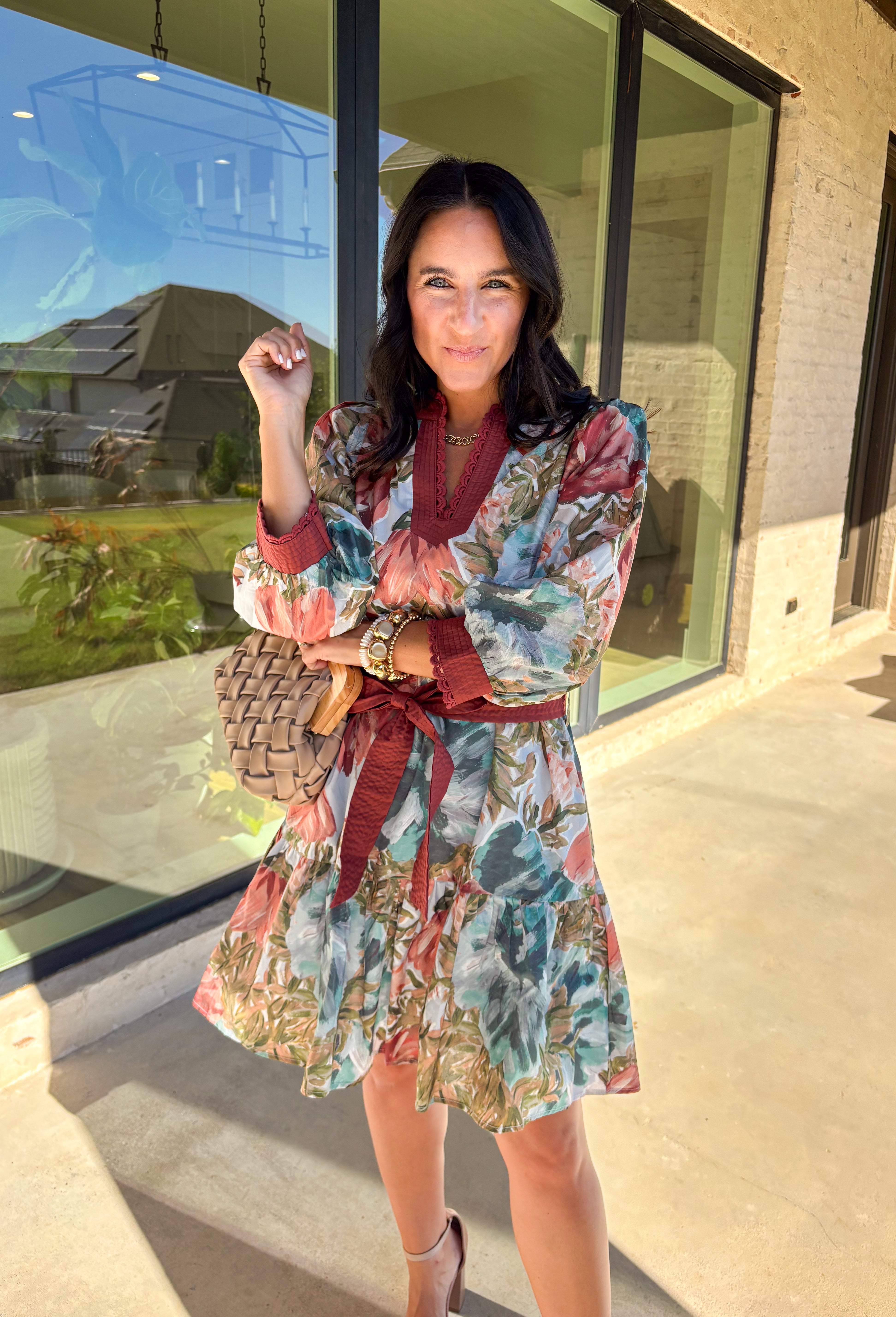 A mix of playful and polished, this dress brings autumn florals to life with a botanical print in rich seasonal shades. The scallop trim along the v-neckline adds a sweet detail, while the self-tie waist belt flatters your shape. Designed with ¾ sleeves, side pockets, and a ruffle hem, it balances comfort and charm. Fully lined for an easy fit, this is a dress you’ll love for everything from casual days to seasonal gatherings.