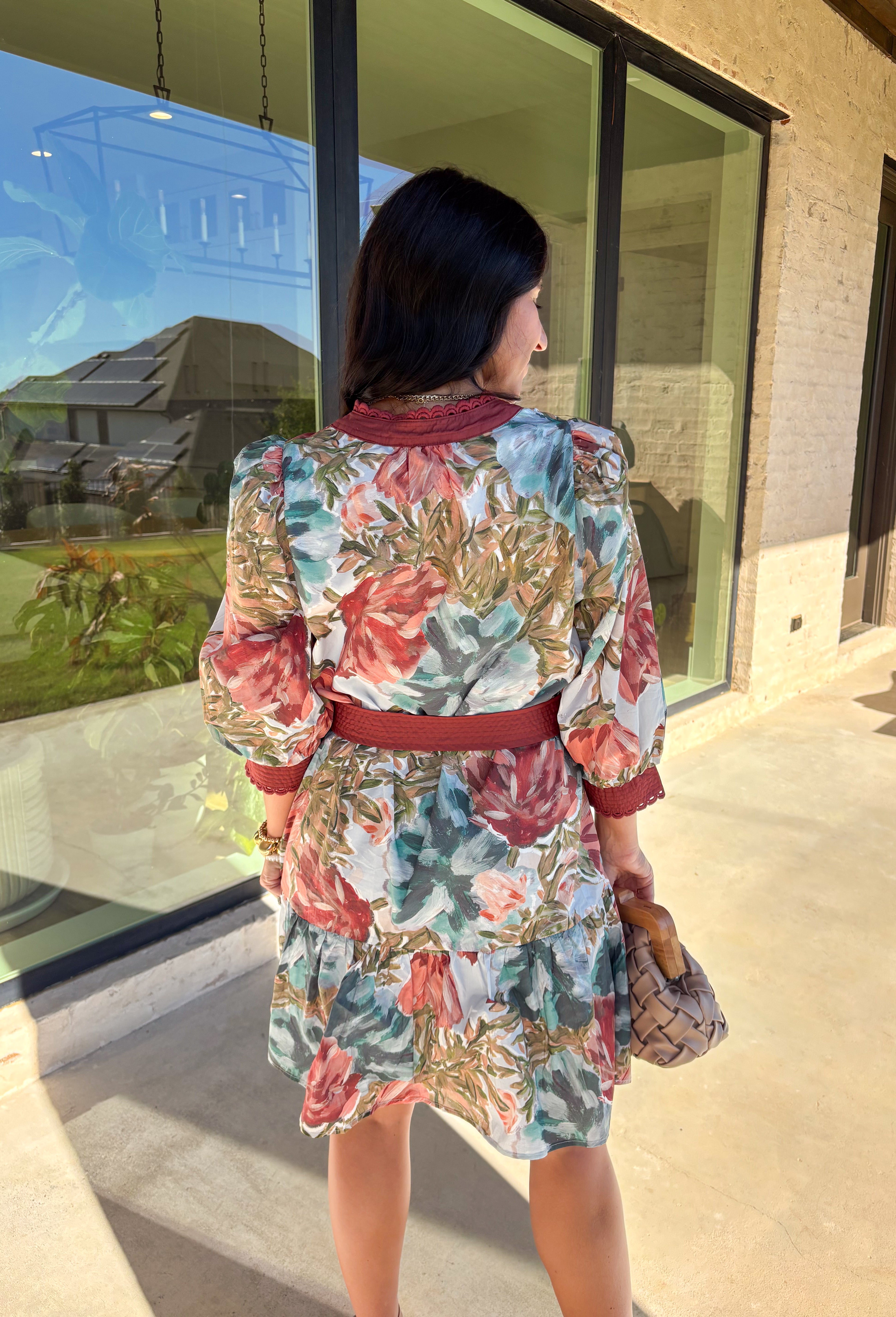 A mix of playful and polished, this dress brings autumn florals to life with a botanical print in rich seasonal shades. The scallop trim along the v-neckline adds a sweet detail, while the self-tie waist belt flatters your shape. Designed with ¾ sleeves, side pockets, and a ruffle hem, it balances comfort and charm. Fully lined for an easy fit, this is a dress you’ll love for everything from casual days to seasonal gatherings.