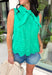 This green sleeveless top is pure happiness for your summer wardrobe! The bright, happy color instantly lifts your look, while the eyelet embroidery adds the prettiest touch of texture. The self-tie neckline brings a soft, feminine detail, and the scalloped hem gives it that extra something special. Designed with a button front and lightweight cotton fabric, it’s breathable and easy to wear all day long. Pair it with white denim or shorts for a fresh, standout outfit—this one is made for sunny days.