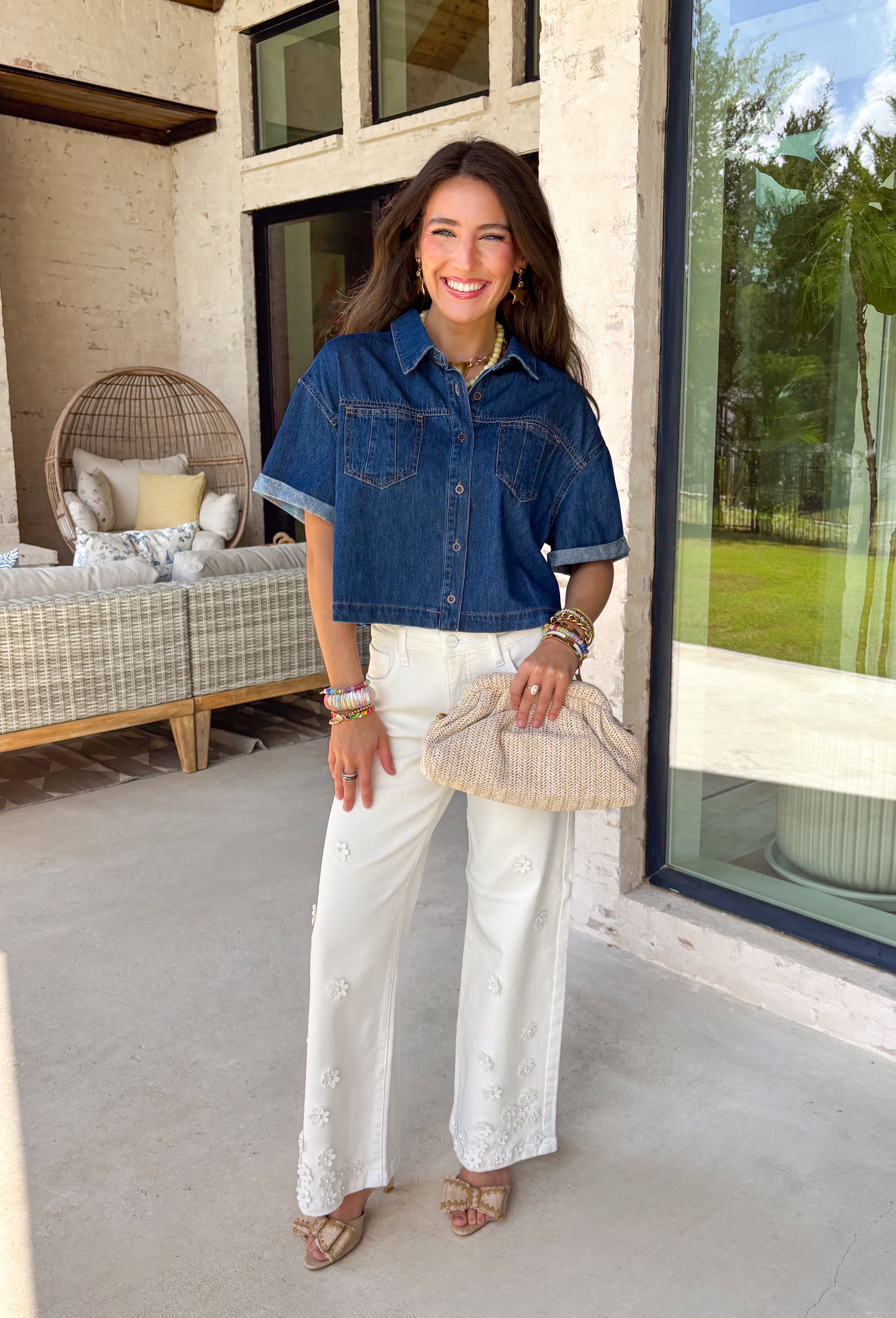 These cream wide leg jeans are what spring outfit dreams are made of! Designed with flattering tummy control and the prettiest monochromatic textured floral print, they bring just the right amount of feminine detail while still feeling easy and wearable. The pearl-centered blooms add such a special touch—like a little surprise moment that sets these apart from your everyday denim. With a comfortable stretch and breezy wide leg fit, they’re perfect for everything from brunch dates to weekend plans. 
