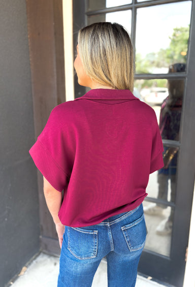 Leah Quarter Zip Pullover, burgundy short sleeve quarter zip pullover