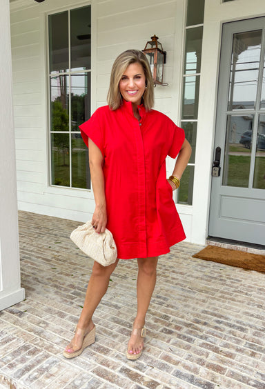 This red short sleeve dress is the bold, effortless piece your summer wardrobe needs! Made from a breathable cotton-linen blend, it’s lightweight and perfect for staying cool while still looking put together. The hidden button down design keeps the look clean and elevated, giving it that easy shirt dress feel you can dress up or down. Whether you're heading to lunch, work, or weekend plans, this dress brings the perfect pop of color. Just add sandals or sneakers and you’re set—don’t miss this one!