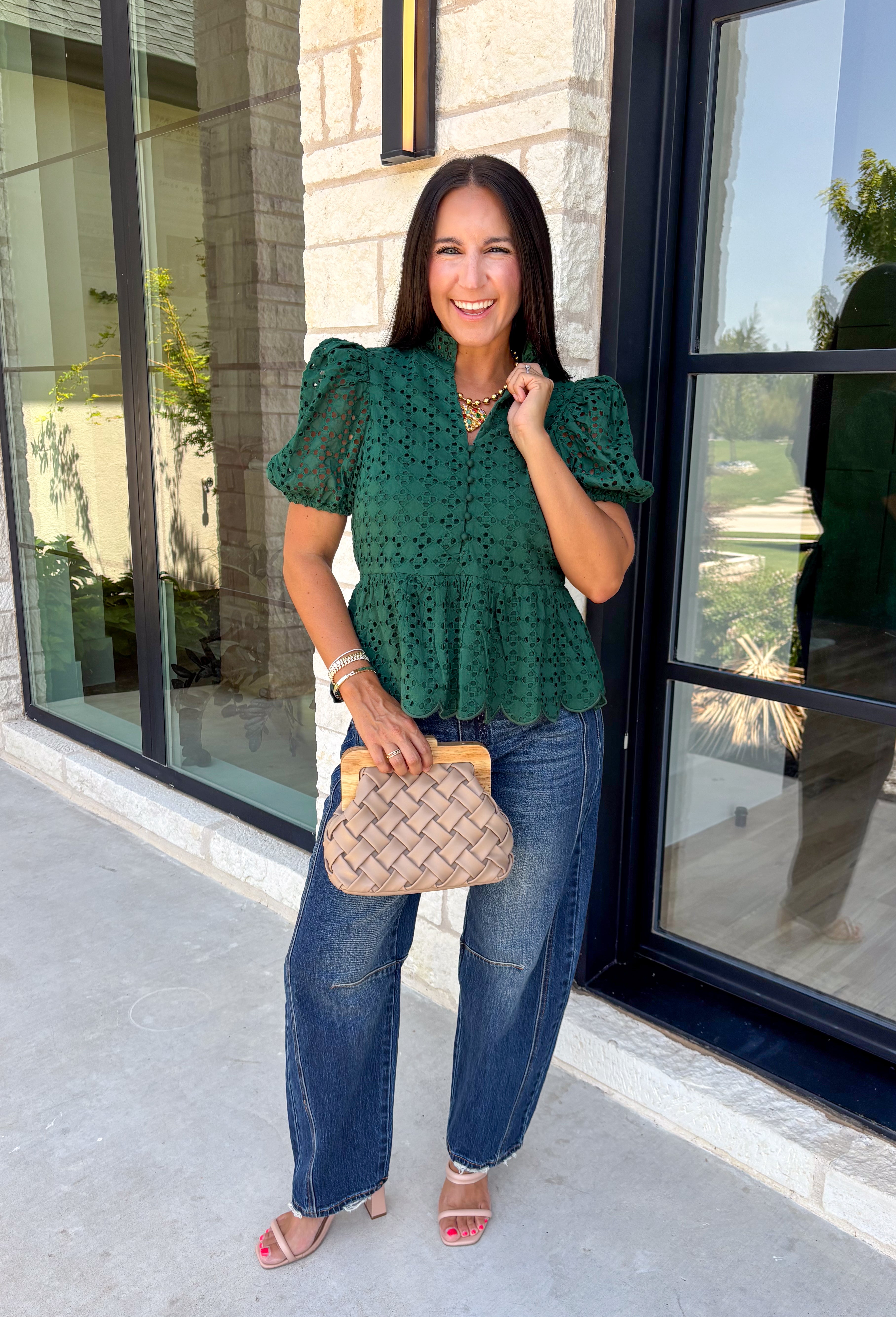 Elevate your fall wardrobe with this beautifully detailed hunter green top! Crafted from breathable cotton, this feminine top features intricate eyelet embroidery that adds timeless texture and charm. The ruffled accent neckline and flattering v-neck create an effortlessly polished look, while the button front and short puff sleeves with elastic cuffs offer both comfort and style. 