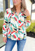 Mixed Signals Button Up Top, long sleeve button down with leaf like pattern in the colors black, white, red, green, aqua, tan, cream, and taupe