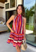 This striped dress is a beautiful way to welcome the new season! Featuring rich stripes in purple, pink, orange, and off white, it captures all the warmth and color of autumn while making a statement wherever you go. The self-tie bow at the back adds a feminine finishing touch, while the ruffle hem creates effortless movement with every step. Fully lined and finished with side pockets (always a favorite), this lightweight cotton dress is perfect.