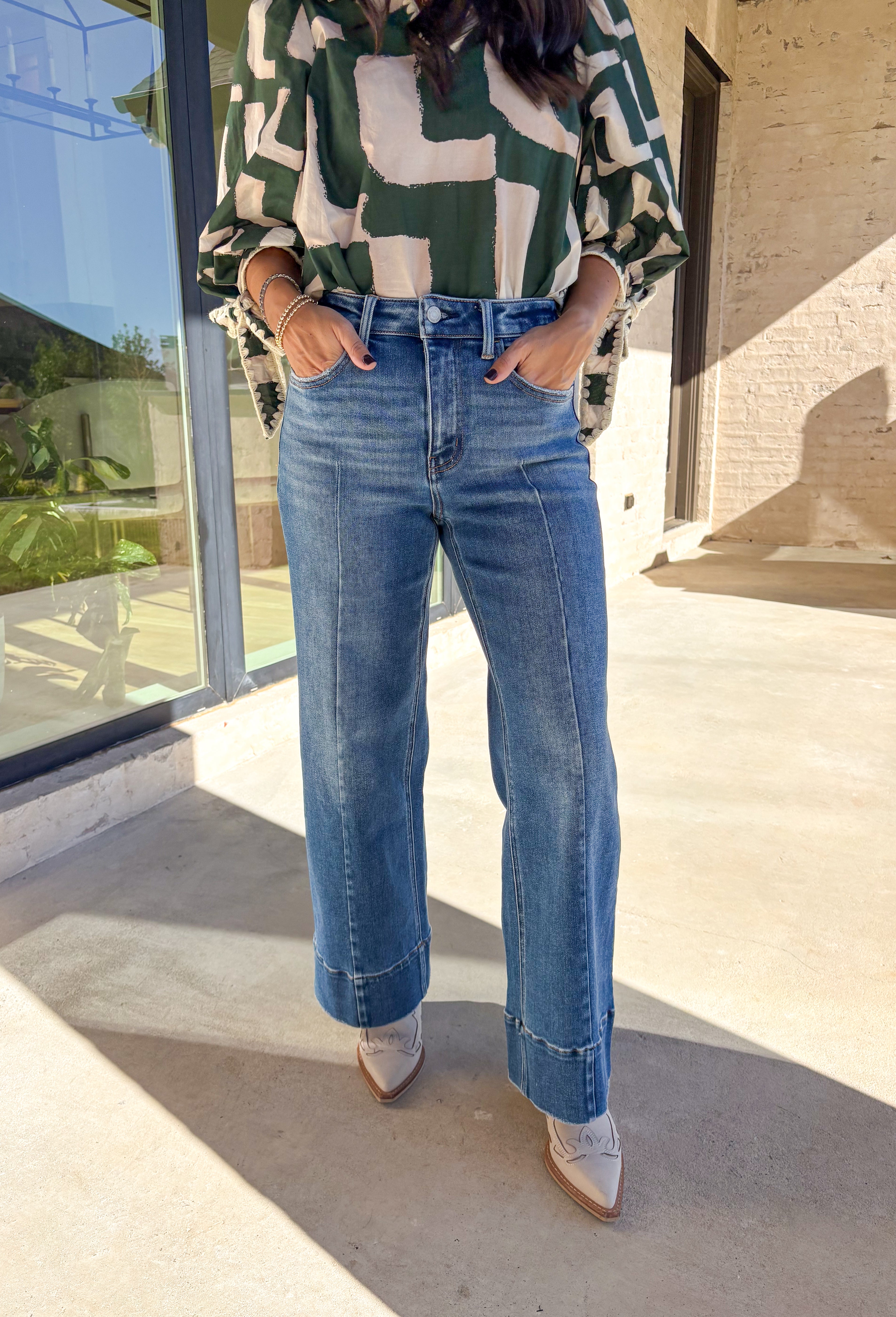 Everyone’s favorite denim just got a fresh update! These medium wash wide leg jeans feature stylish front seams running down both legs for an elongating effect. Made by Vervet with a soft yet structured cotton blend, these jeans offer just enough stretch for all-day comfort. Dress them up with heels or keep it casual with sneakers—either way, you’ll love their effortlessly cool vibe.