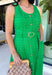 Bold, polished, and beautifully detailed — this kelly green eyelet lace midi dress is a true standout. The intricate eyelet lace gives it texture and dimension, while the gold textured button-down front adds a hint of shine that elevates the entire look. Designed with a matching belt featuring a gold buckle, this dress cinches the waist for a flattering, feminine silhouette. Smocking along the back provides comfortable stretch, and the back zipper closure keeps the fit secure and streamlined. 