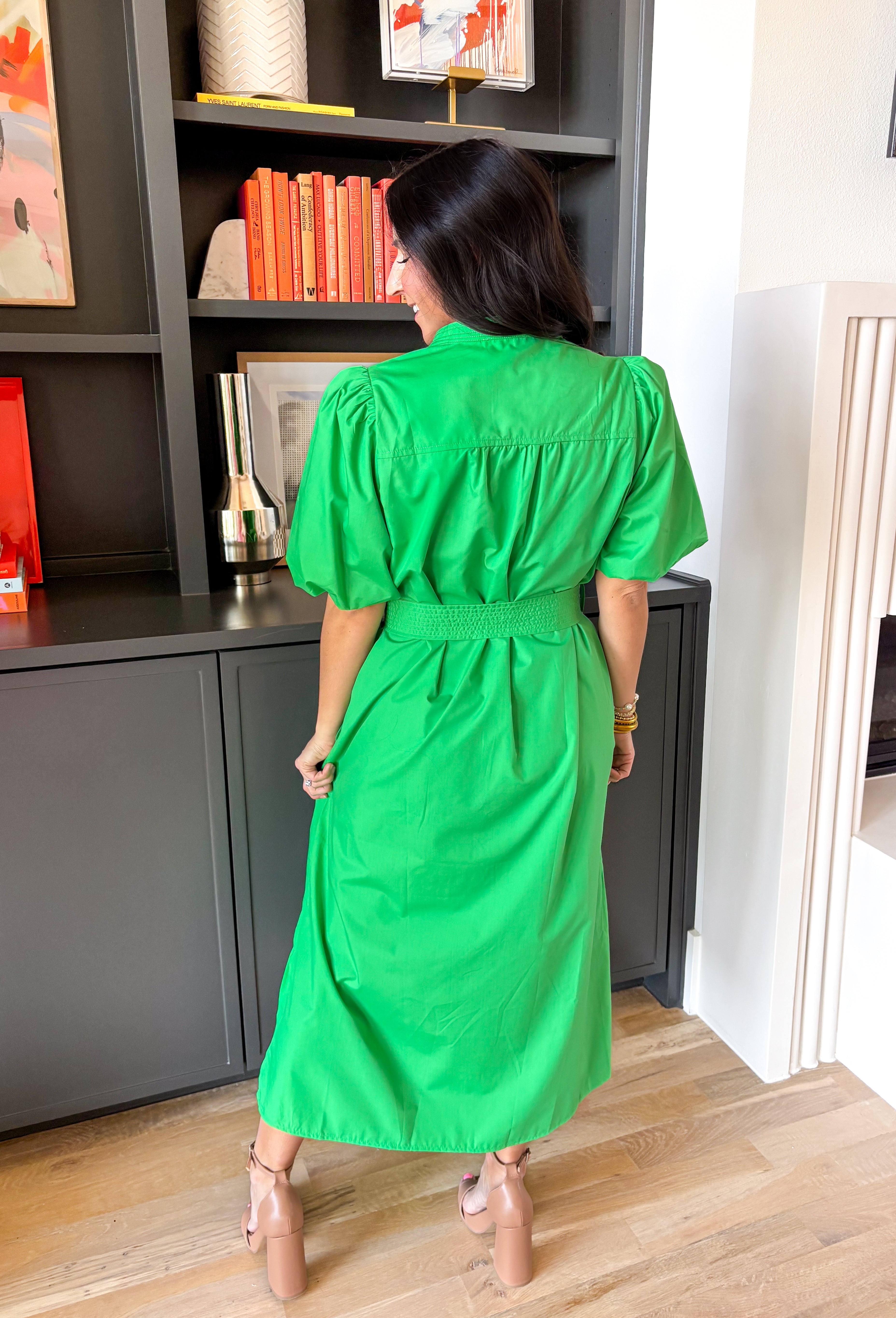 Easy, breezy, and made for sunny spring days, this green short sleeve midi dress by Entro is the kind of throw-on-and-go piece you’ll reach for nonstop. The puff sleeves add a sweet, feminine touch, while the matching self-tie belt lets you cinch the waist for a flattering fit. Lightweight and comfy, it’s perfect for everything from weekend plans to special occasions, you'll constantly find yourself reaching for this!