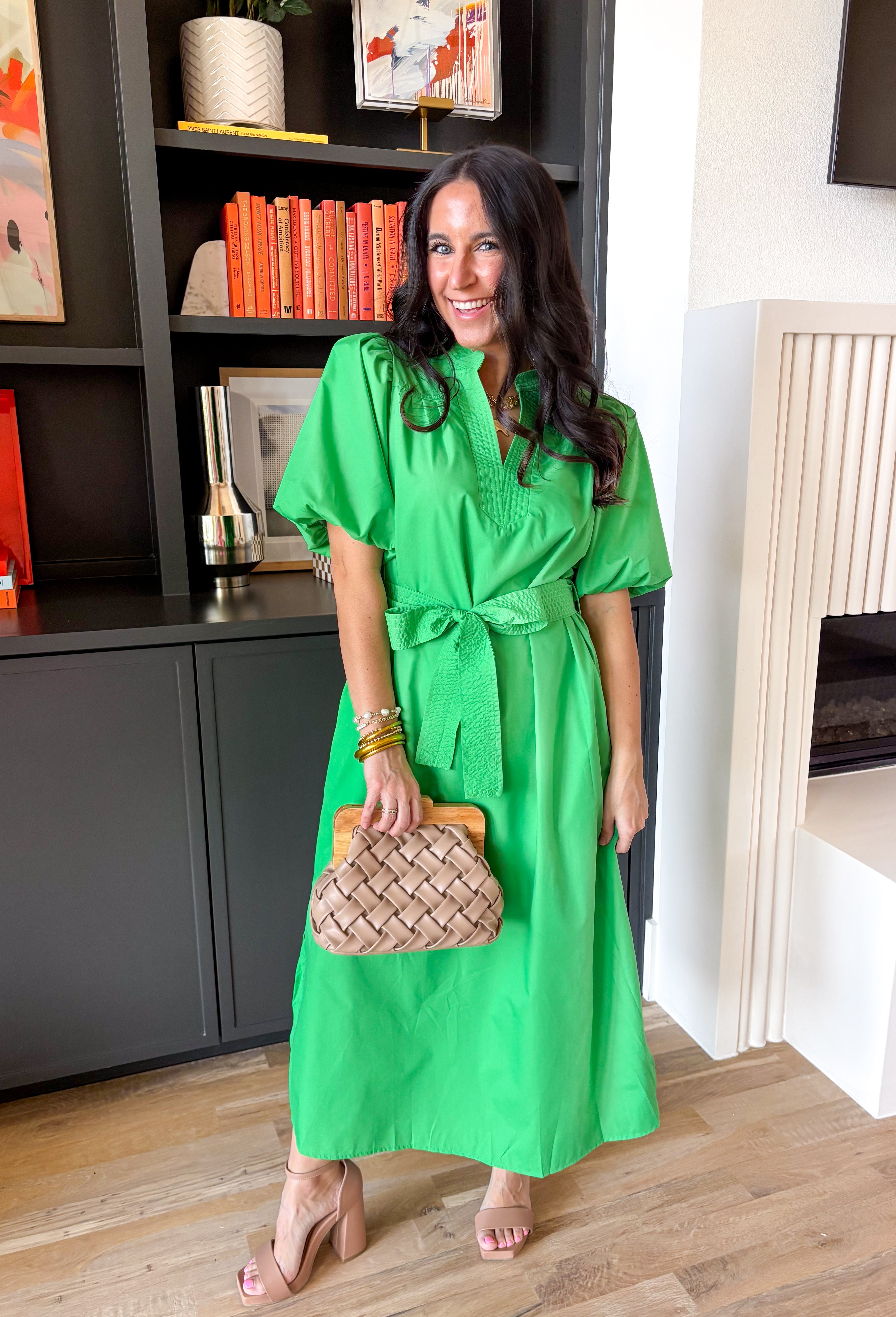 Easy, breezy, and made for sunny spring days, this green short sleeve midi dress by Entro is the kind of throw-on-and-go piece you’ll reach for nonstop. The puff sleeves add a sweet, feminine touch, while the matching self-tie belt lets you cinch the waist for a flattering fit. Lightweight and comfy, it’s perfect for everything from weekend plans to special occasions, you'll constantly find yourself reaching for this!