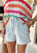Easy, relaxed, and perfect for sunny days! These light wash high-rise denim shorts feature a subtle white pinstripe print for a fresh, slightly elevated take on a classic staple. The soft stripe detail adds just the right amount of interest while still keeping them easy to style. Designed with an elastic waistband and adjustable tie detail, these shorts are as comfortable as they are cute. 