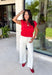 Say hello to your new fall favorite! This rich red short sleeve top brings all the cozy seasonal charm with its tiered peplum silhouette and delicate shirred detailing throughout. The lightweight, textured cotton makes it comfortable enough for those warmer autumn afternoons, while the cropped length and elastic hem create a flattering shape that pairs perfectly with your favorite high-rise denim. 