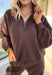 Cozy up this winter in the chocolate brown fleece quarter zip pullover by Rae Mode. Designed with ribbed detailing along the collar, hem, and sleeve cuffs, this pullover combines a relaxed fit with an effortlessly polished look. The soft fleece interior and front pockets add extra warmth and comfort, making it the perfect throw-on for chilly days. Pair it with the matching joggers for the full set, or style it solo for an easy, laid-back outfit.