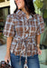 Classic plaid gets a fresh fall update with this brown and blue blouse from Entro. The mix of warm brown and cool blue creates an eye-catching color combination that fits right into your autumn wardrobe. A shirt collar and button-front closure give it a classic feel, while pleated detailing at the front and back adds shape and texture. The self-tie belt lets you define the waist, and the peplum hem creates a flattering finish that's perfect with denim or trousers. 