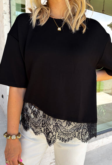 Elevate your everyday fall wardrobe with this effortlessly chic knit top! Crafted from a soft, comfortable knit, this versatile piece is finished with a beautiful scalloped lace hem that adds just the right amount of feminine detail. The classic black color makes it easy to style with everything from denim to printed bottoms, while the trendy silhouette transitions seamlessly from the office to dinner plans. 