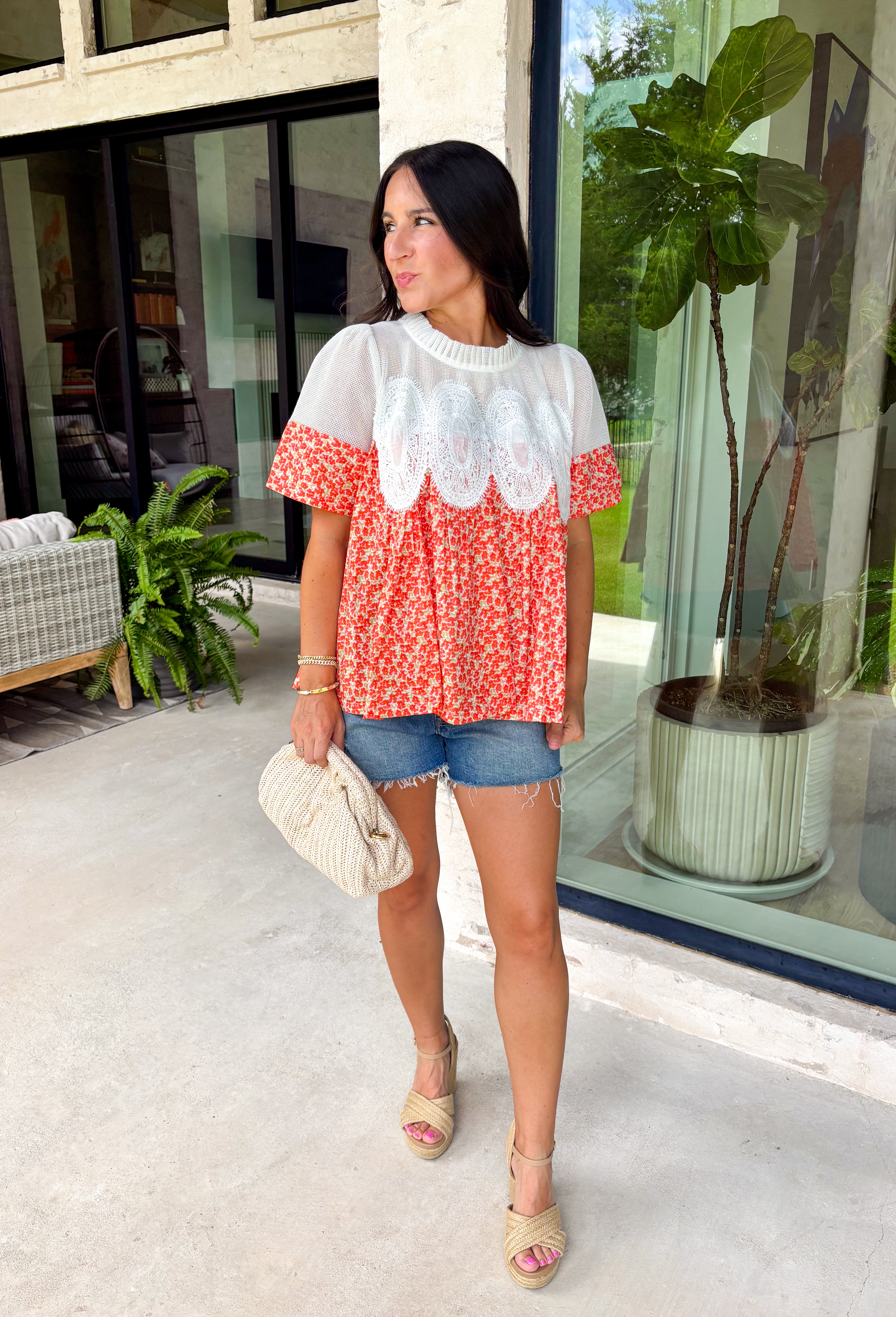 A little texture goes a long way! This short sleeve colorful floral print top by Fate combines soft cotton with airy mesh and delicate appliqué details for a unique, elevated twist on a classic top. Lightweight, breathable, and endlessly versatile, it’s the perfect piece to dress up or down, making it a year-round favorite.
