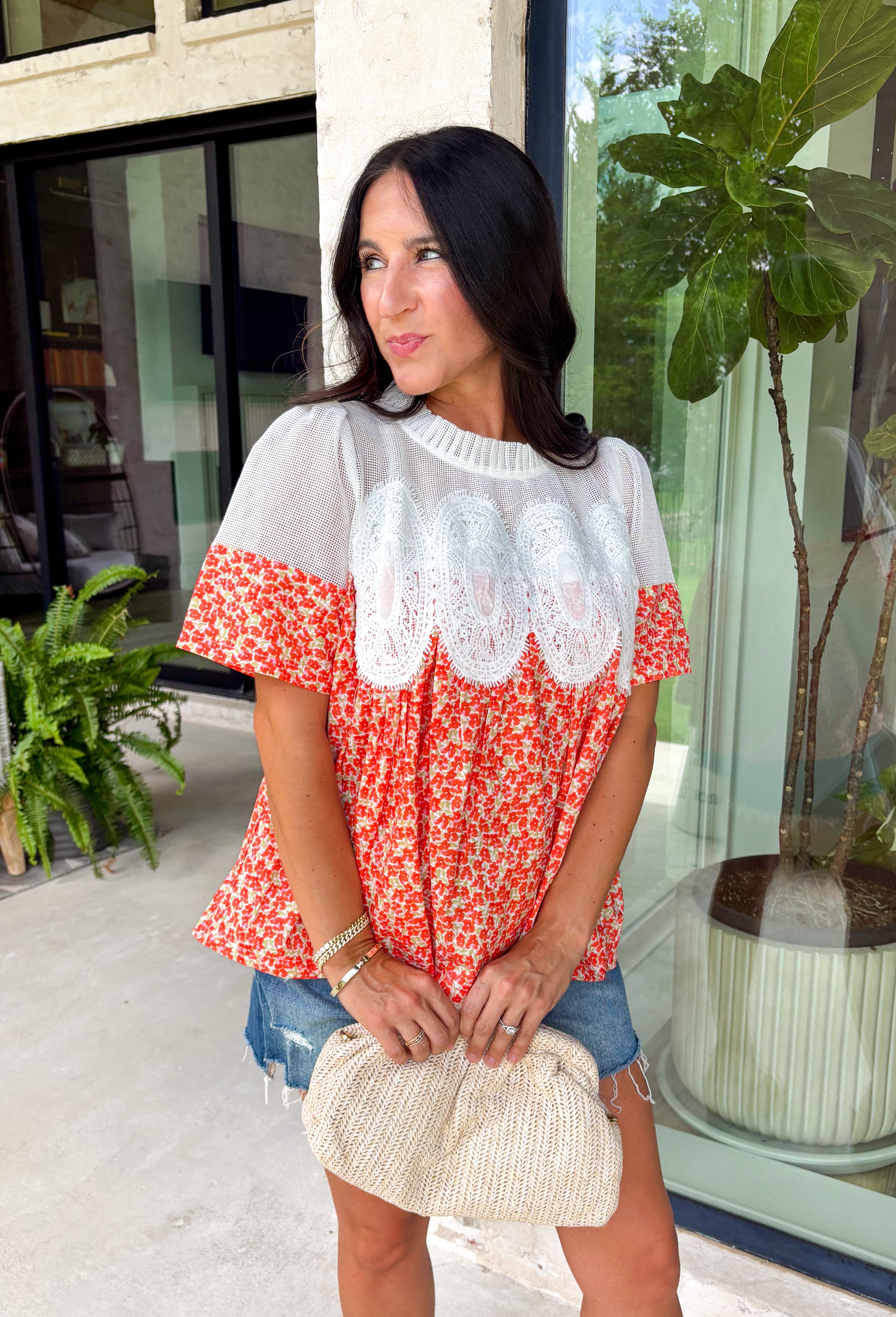 A little texture goes a long way! This short sleeve colorful floral print top by Fate combines soft cotton with airy mesh and delicate appliqué details for a unique, elevated twist on a classic top. Lightweight, breathable, and endlessly versatile, it’s the perfect piece to dress up or down, making it a year-round favorite.