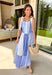Nothing says easy summer style like blue and white stripes! This sleeveless midi dress features a mix of stripe prints in varying shades of blue with white for a fresh, playful take on a classic pattern. The adjustable tie strap sleeves add a sweet, feminine touch while letting you customize the fit. Designed with a button front and flattering smocking along the back, this dress blends structure with comfort beautifully. 