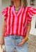 This pink and red striped flutter sleeve top is bringing all the bright, happy summer energy! The bold stripe combo feels fun and fresh, while the flutter sleeves add that soft, feminine touch that’s easy to dress up or down. The stripe trim along the v-neck gives it a unique, elevated detail that makes this one stand out from your everyday tops. Lightweight and breathable in 100% cotton, it’s perfect for warm days when you still want to feel put together.