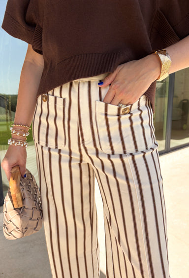 Elevate your everyday denim with these effortlessly stylish wide leg jeans from Entro. Designed in a soft cream hue with a rich brown stripe print, these ankle-length pants offer a timeless look that's easy to dress up or down. The flattering wide leg silhouette creates an effortlessly polished feel, while the button-detailed front pockets add the perfect touch of charm. Complete with belt loops, functional back pockets, and a classic zip-fly button closure.